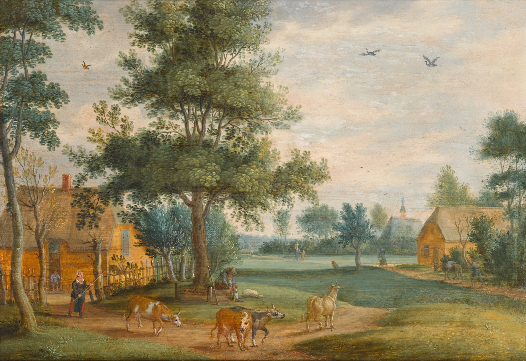 Izaak van Oosten — Village landscape with cows and staffage walking on a path in the foreground