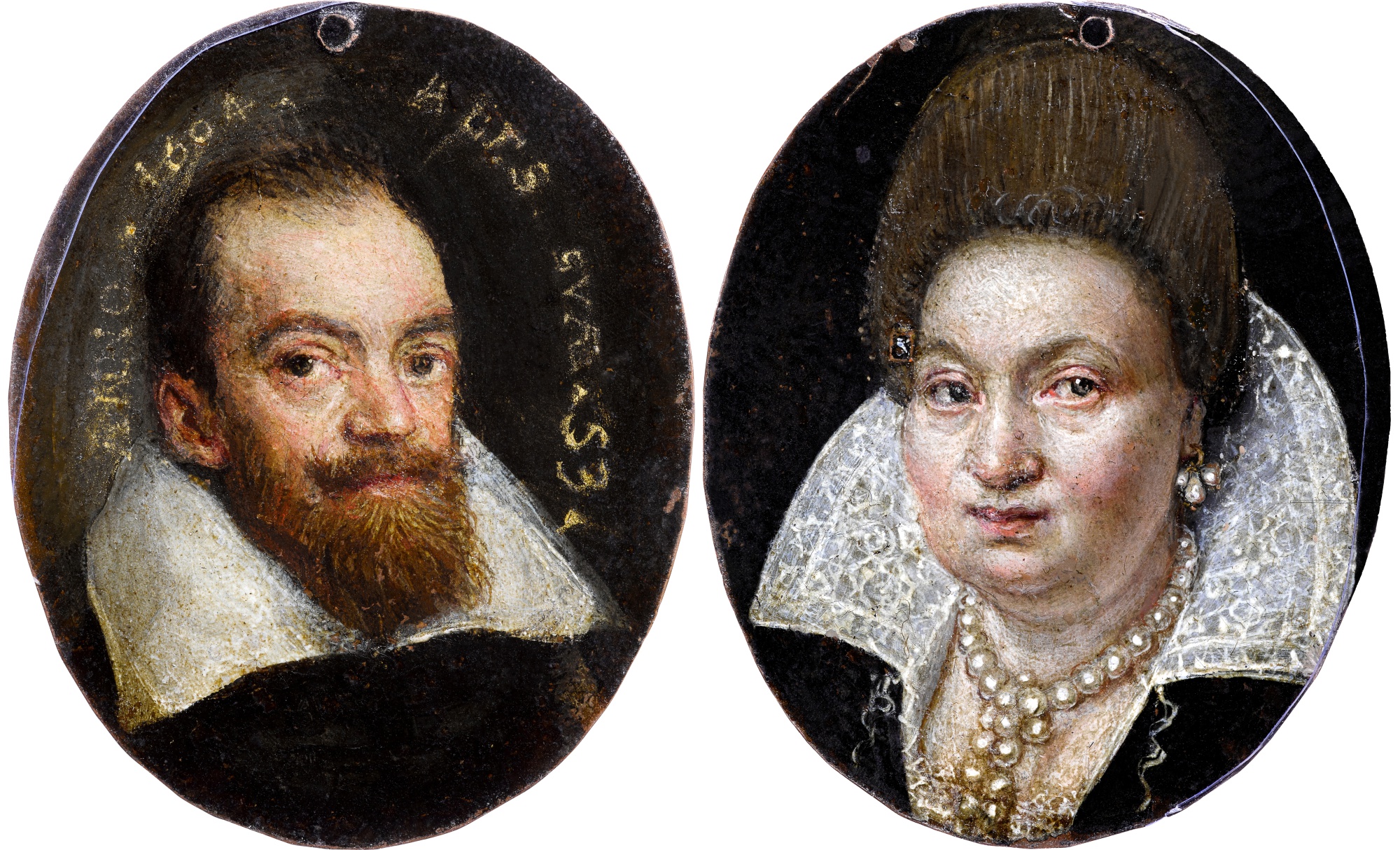 Double-sided portrait of a bearded gentleman and a lady in a white ruff and pearl necklace
