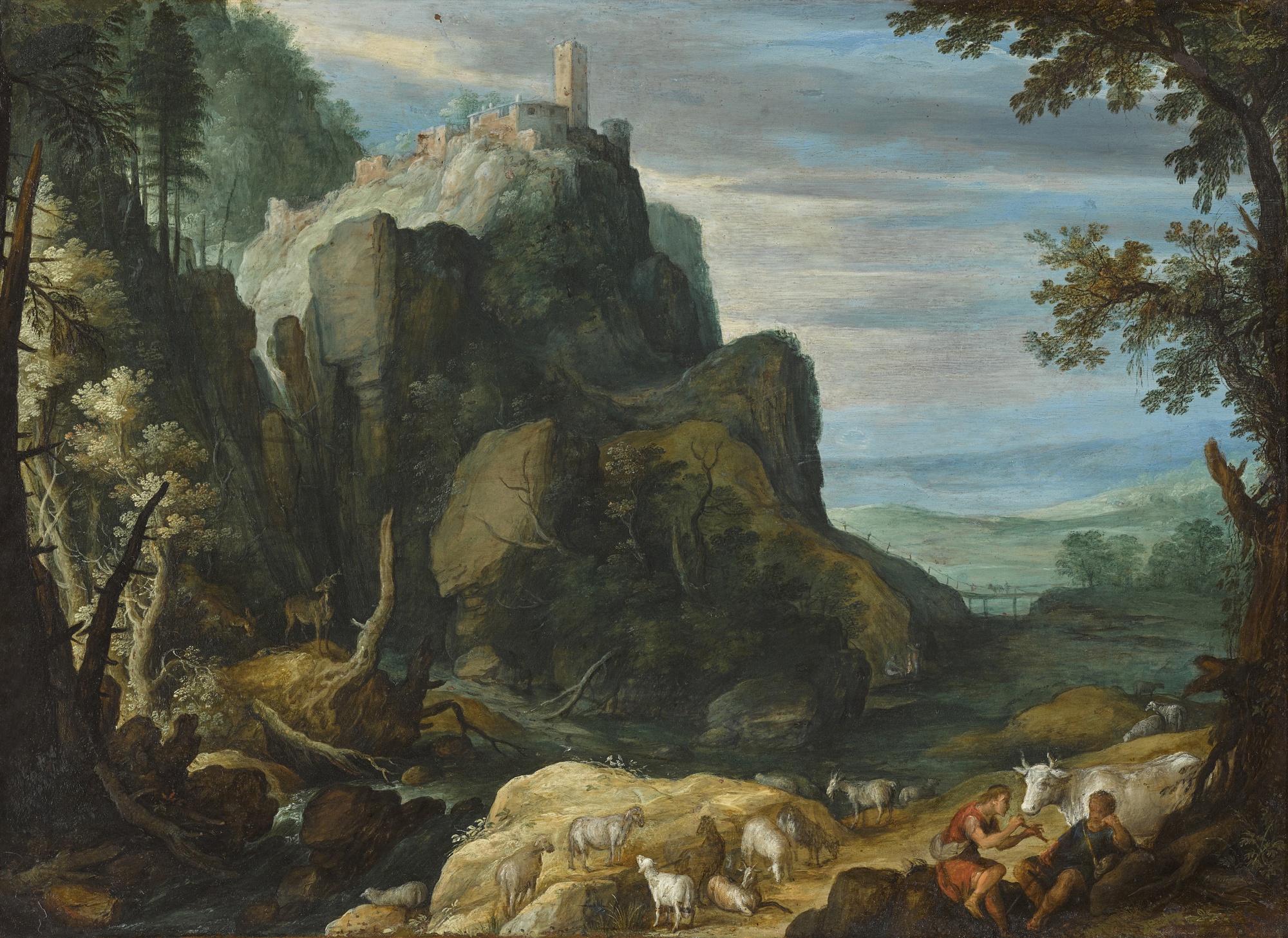 Unknown — An extensive mountainous landscape with shepherds, animals and a castle beyond