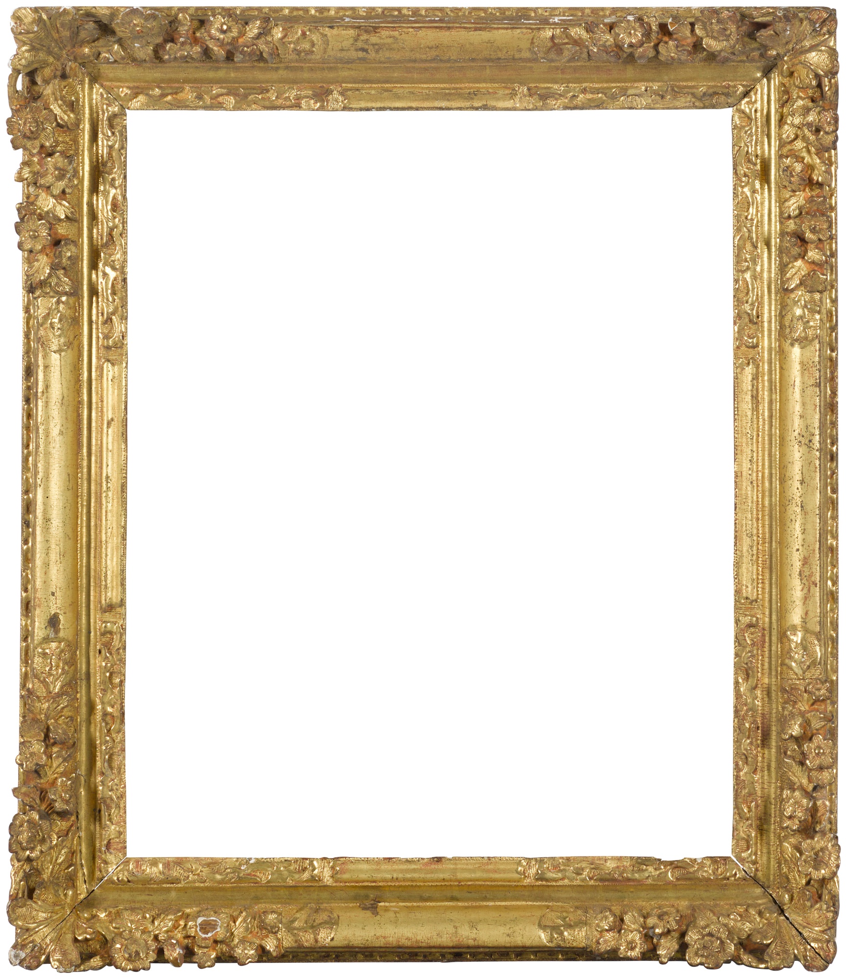 A Louis XIII-XIV carved giltwood flower corner frame — A  Louis XIII-XIV carved giltwood flower corner frame