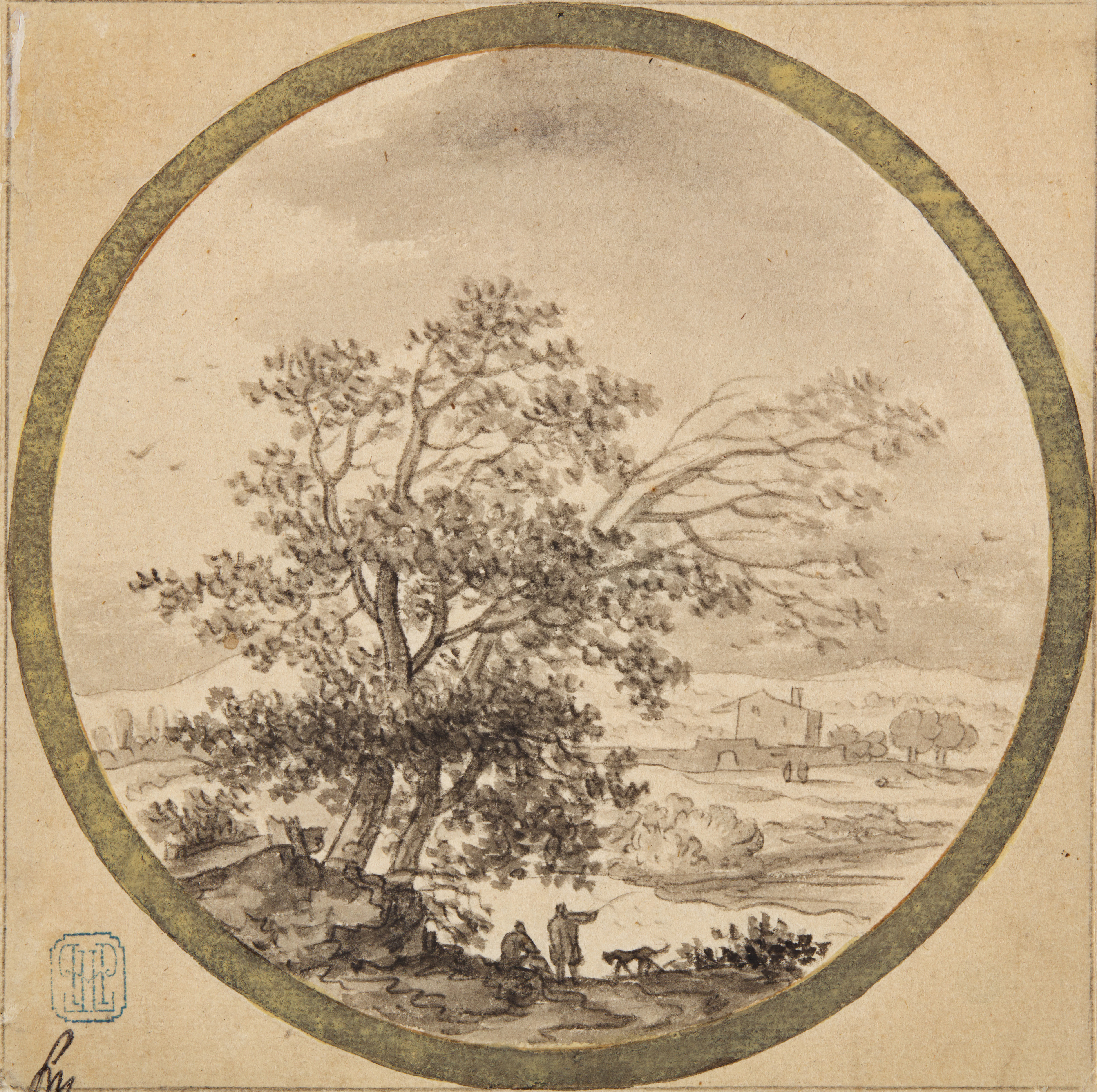 Aernout ter Himpel — A pair of landscapes: A) Figures and a dog beneath a tree B) Figures walking towards a church