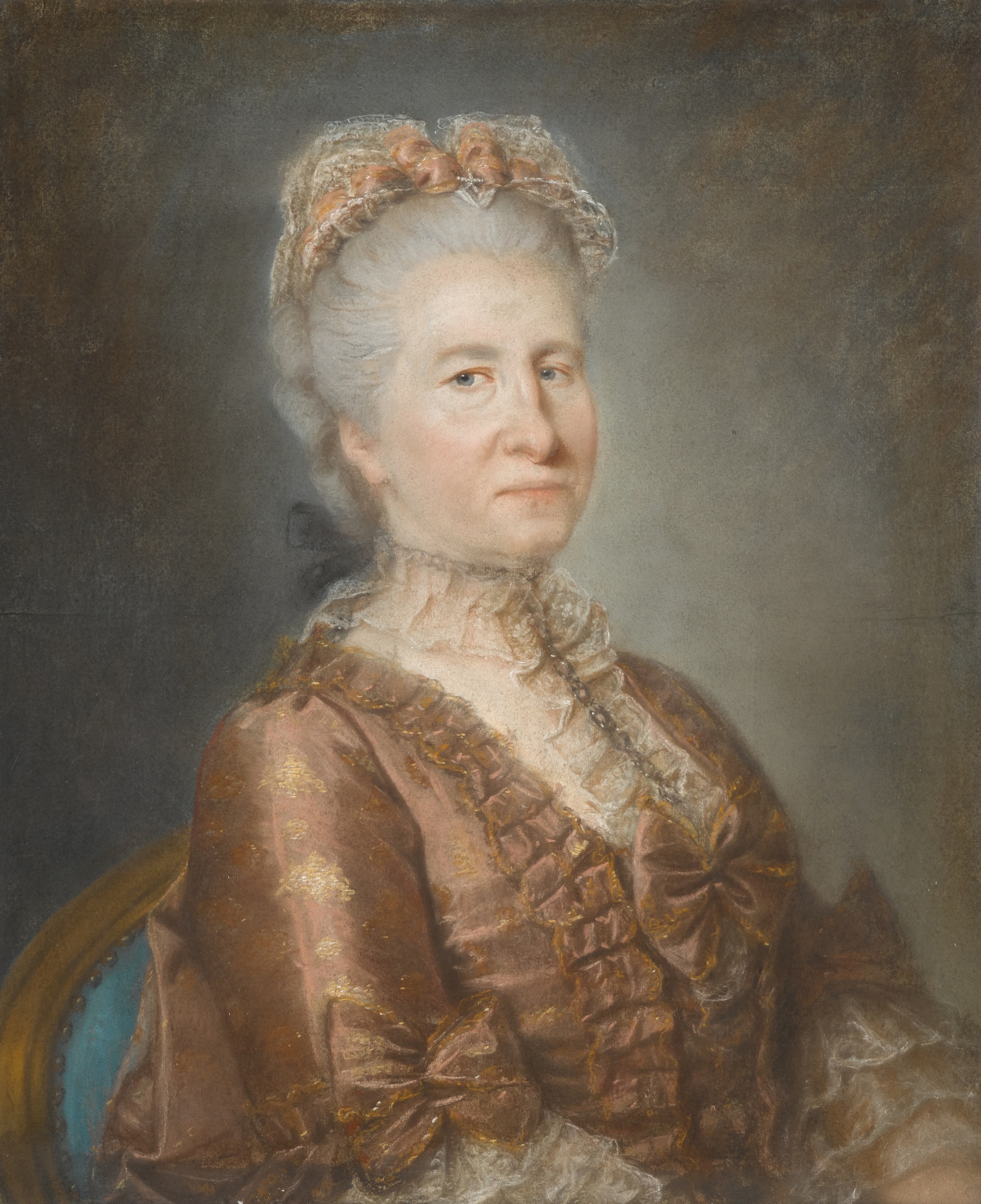 French School, 18th Century — Portrait of a woman, seated, wearing a copper coloured dress adorned with lace
