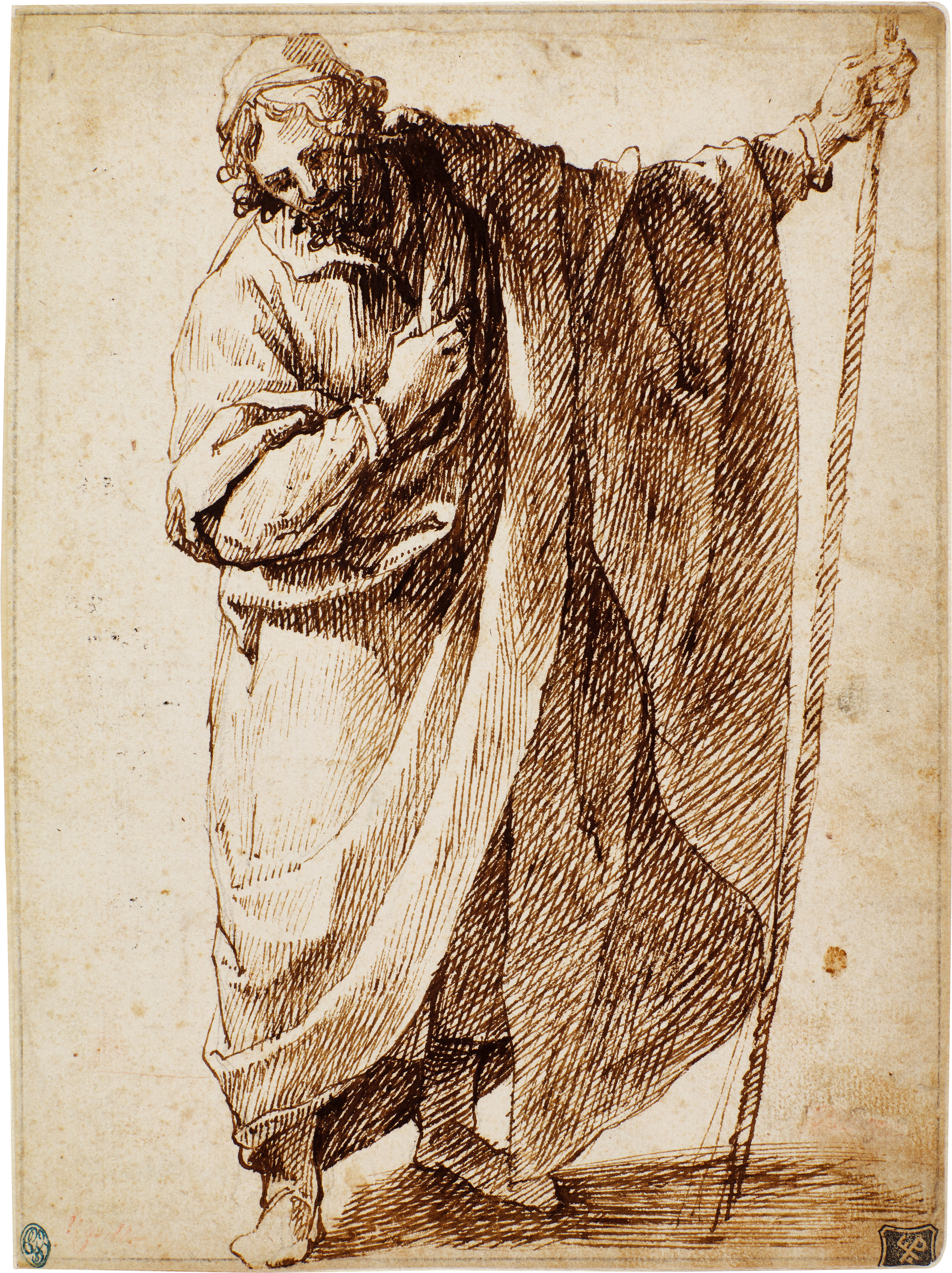 Unknown — A standing figure of a man wearing a cloak and holding a stick