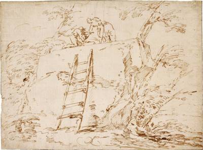 A landscape with a large rock and three figures, a wooden ladder in the centre leaning against the rock