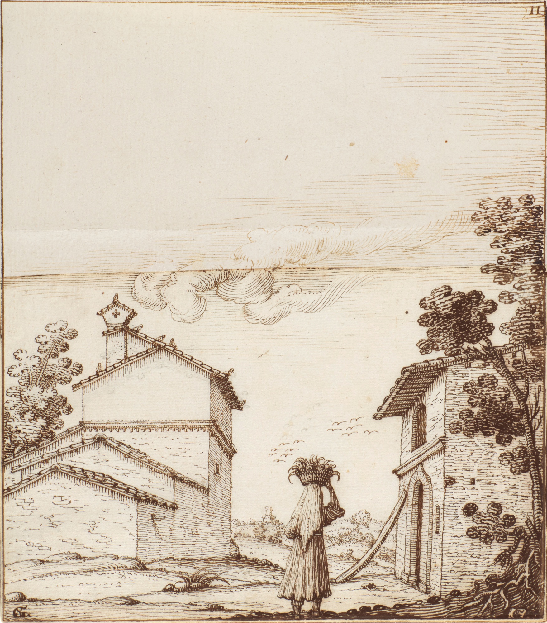 Giuseppe Santini — A rural view with a farmhouse and distant tower