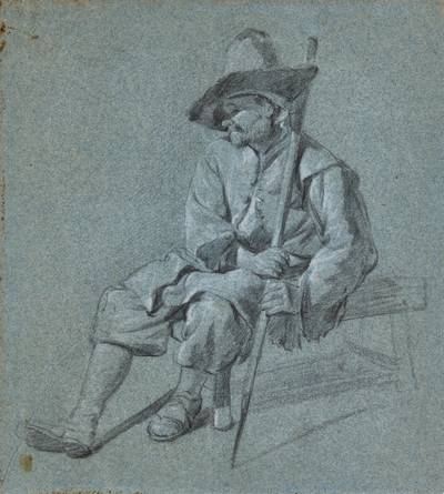 Study of a seated man in a hat, holding a staff