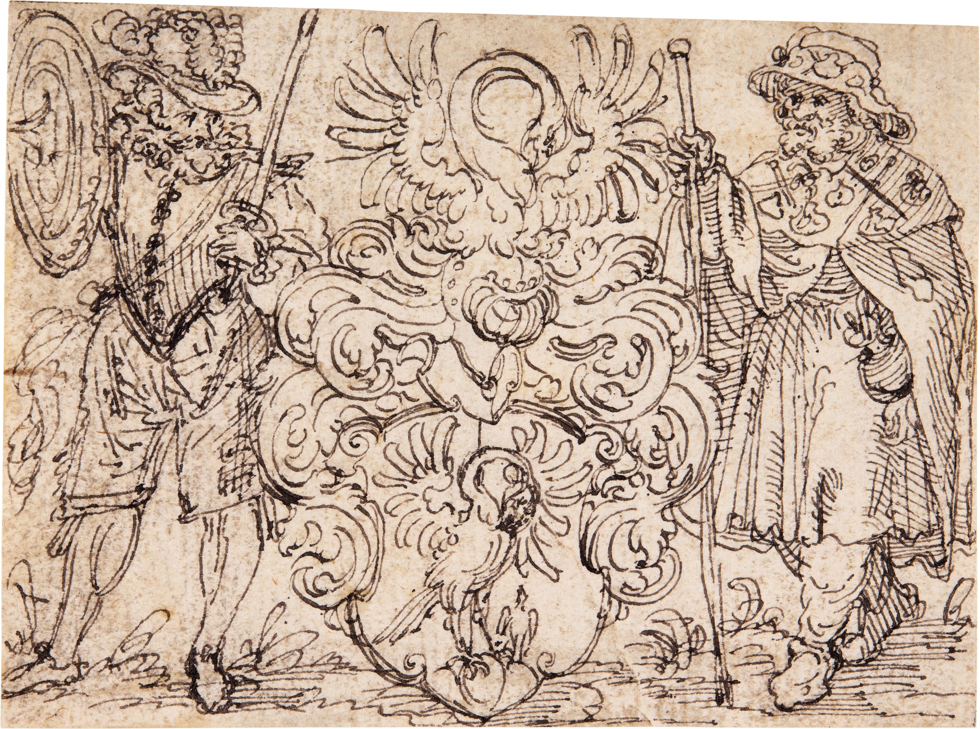 German School, 16th Century — Design for an elaborate coat of arms with the pelican feeding her chicks, supported by a pilgrim and a landesknecht