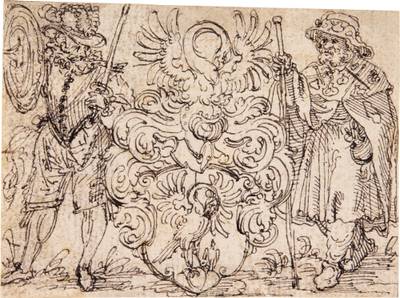 Design for an elaborate coat of arms with the pelican feeding her chicks, supported by a pilgrim and a landesknecht