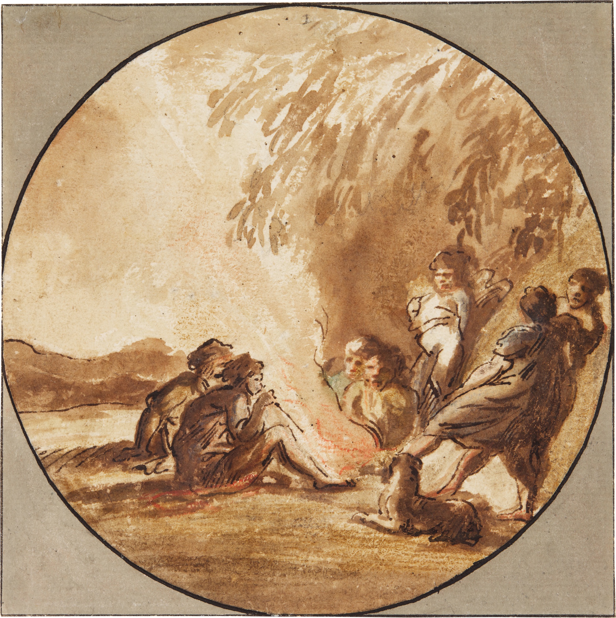 German School, 17th century — Figures by a fire, in a landscape