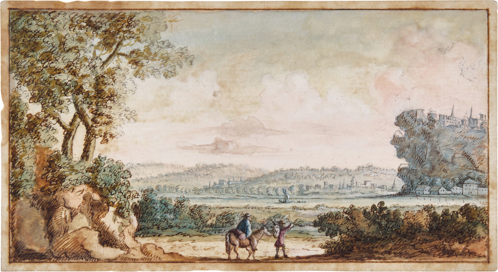 Flemish School, 17th Century — Two figures traversing a Landscape, one on horseback