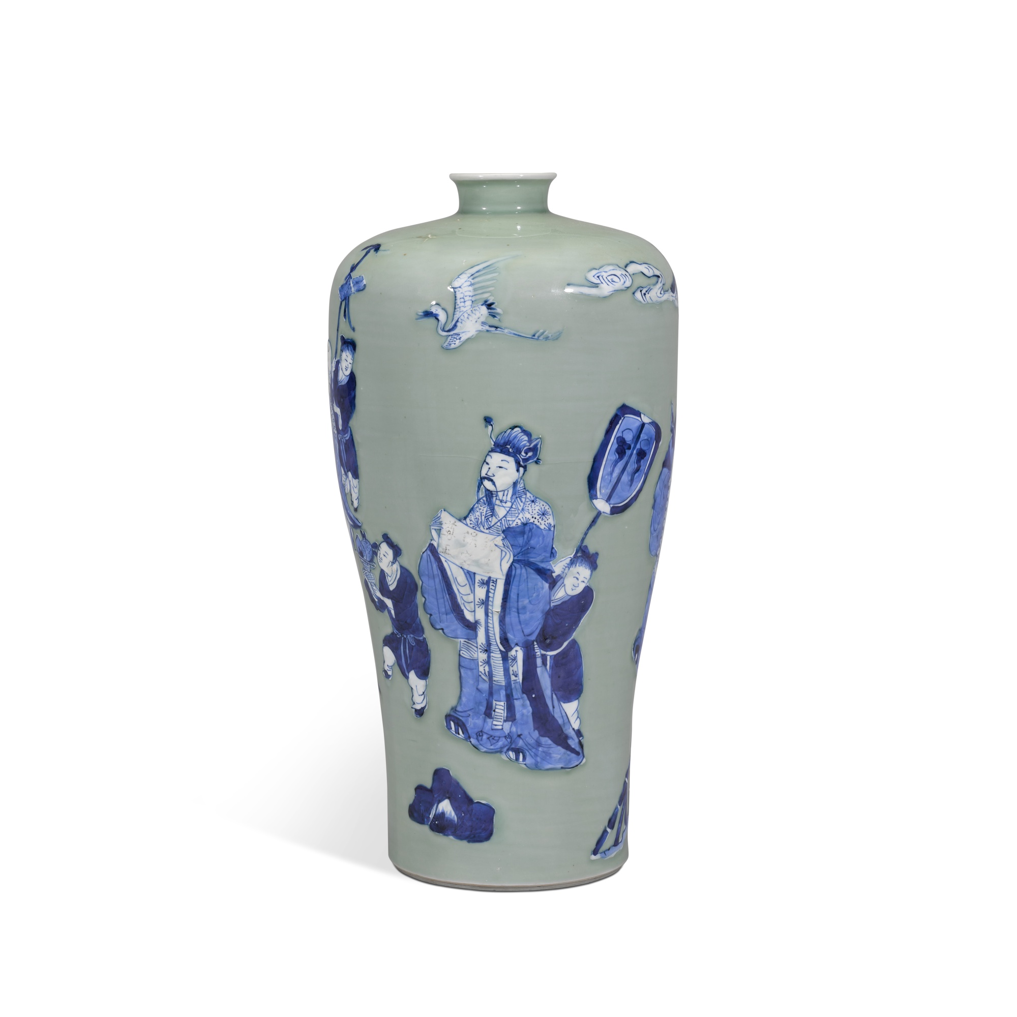 Unknown (Historical) — A large celadon-ground and underglaze-blue meiping, Qing dynasty, Kangxi period