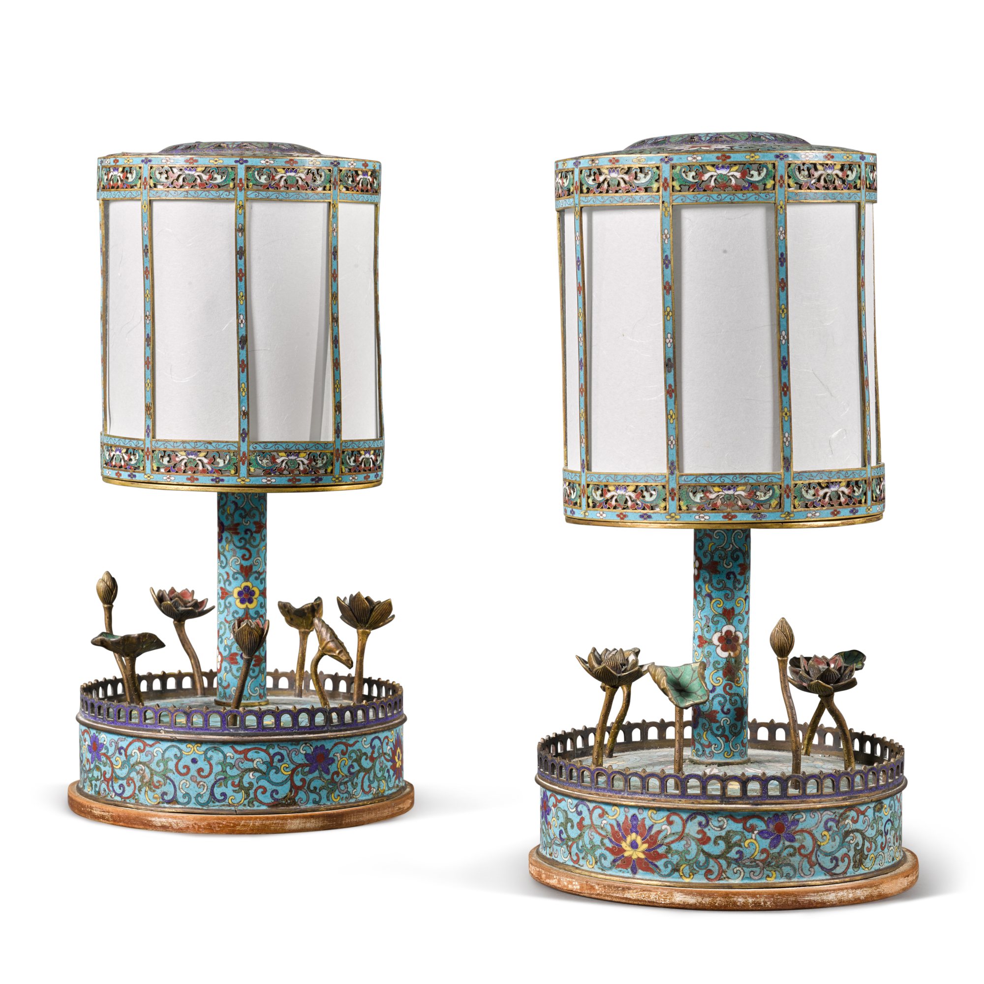 An unusual pair of cloisonné and champlevé enamel cylindrical lanterns — An unusual pair of cloisonné and champlevé enamel cylindrical lanterns, Qing dynasty, 19th century