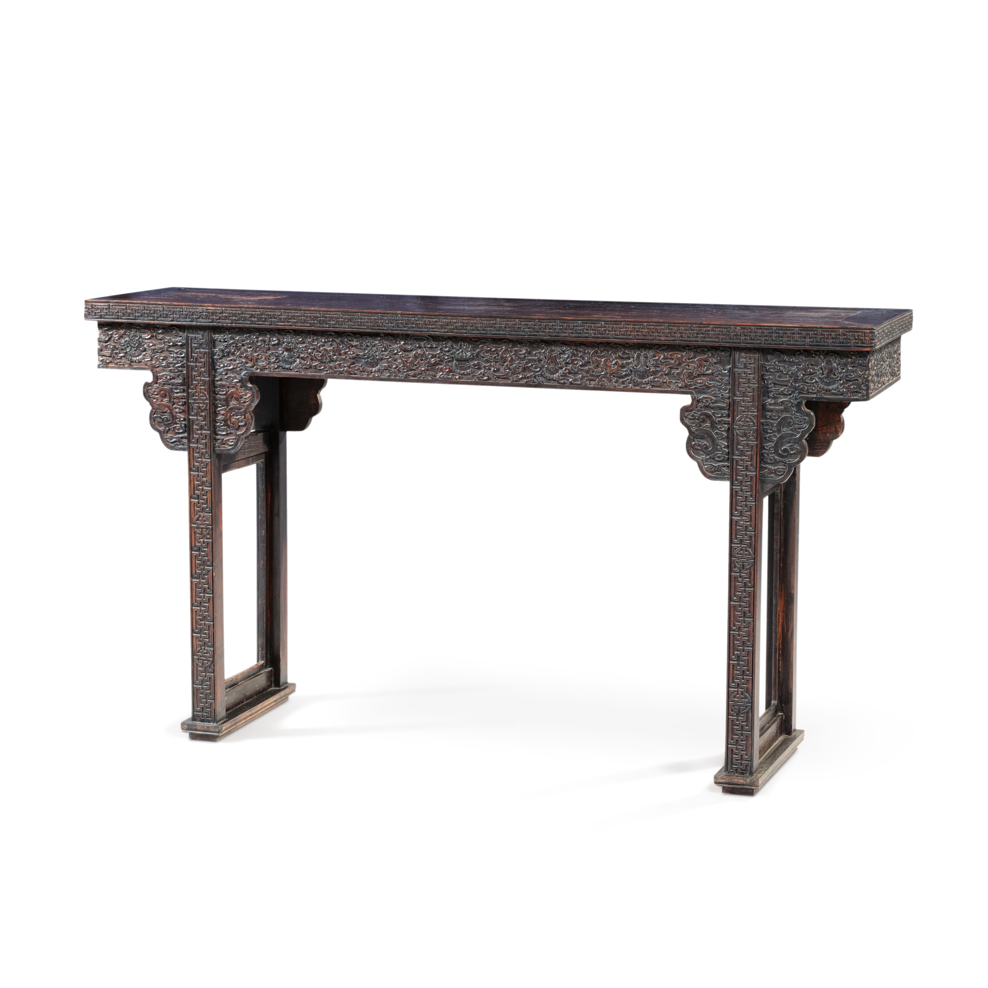 Unknown (Historical) — A rare and finely carved ‘zitan’ and ‘hongmu’ 'auspicious emblems' altar table, Qing dynasty, 18th / 19th century
