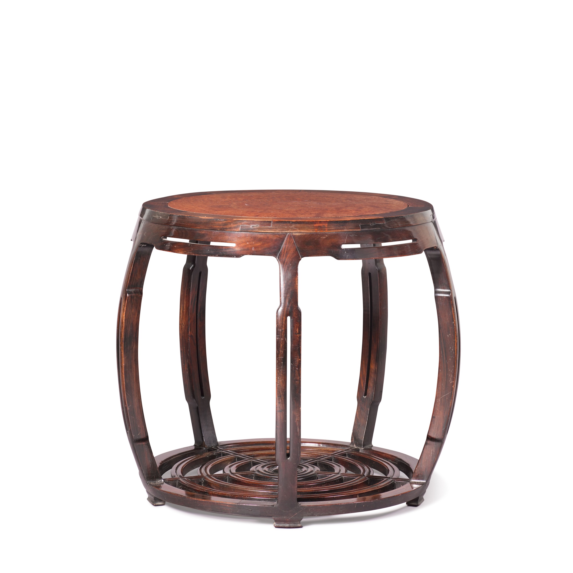 Unknown — A large burlwood-inset 'hongmu' barrel-form table, Qing dynasty, 19th century