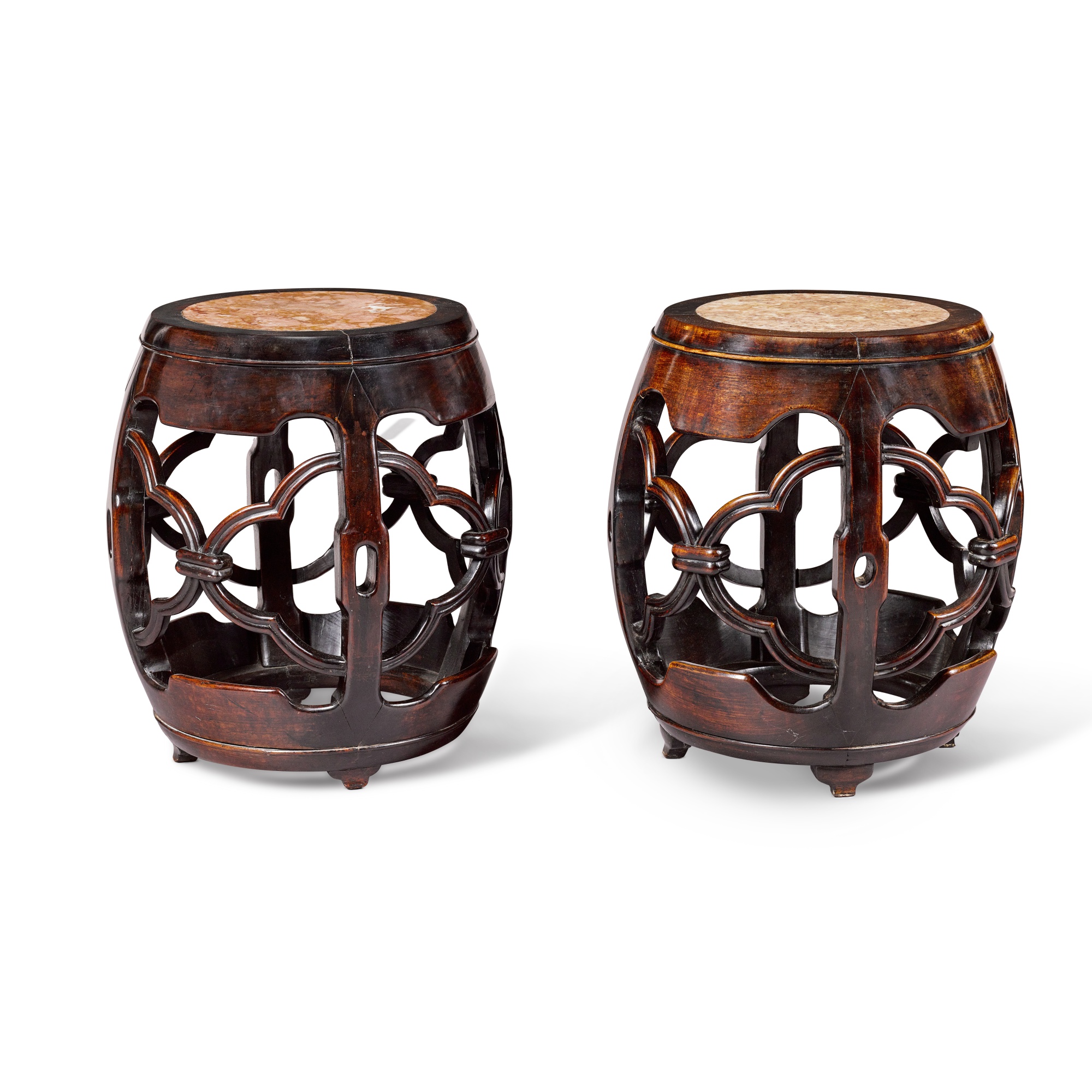 Unknown — A pair of ‘hongmu’ marble-inset stools, Qing dynasty, 19th century 