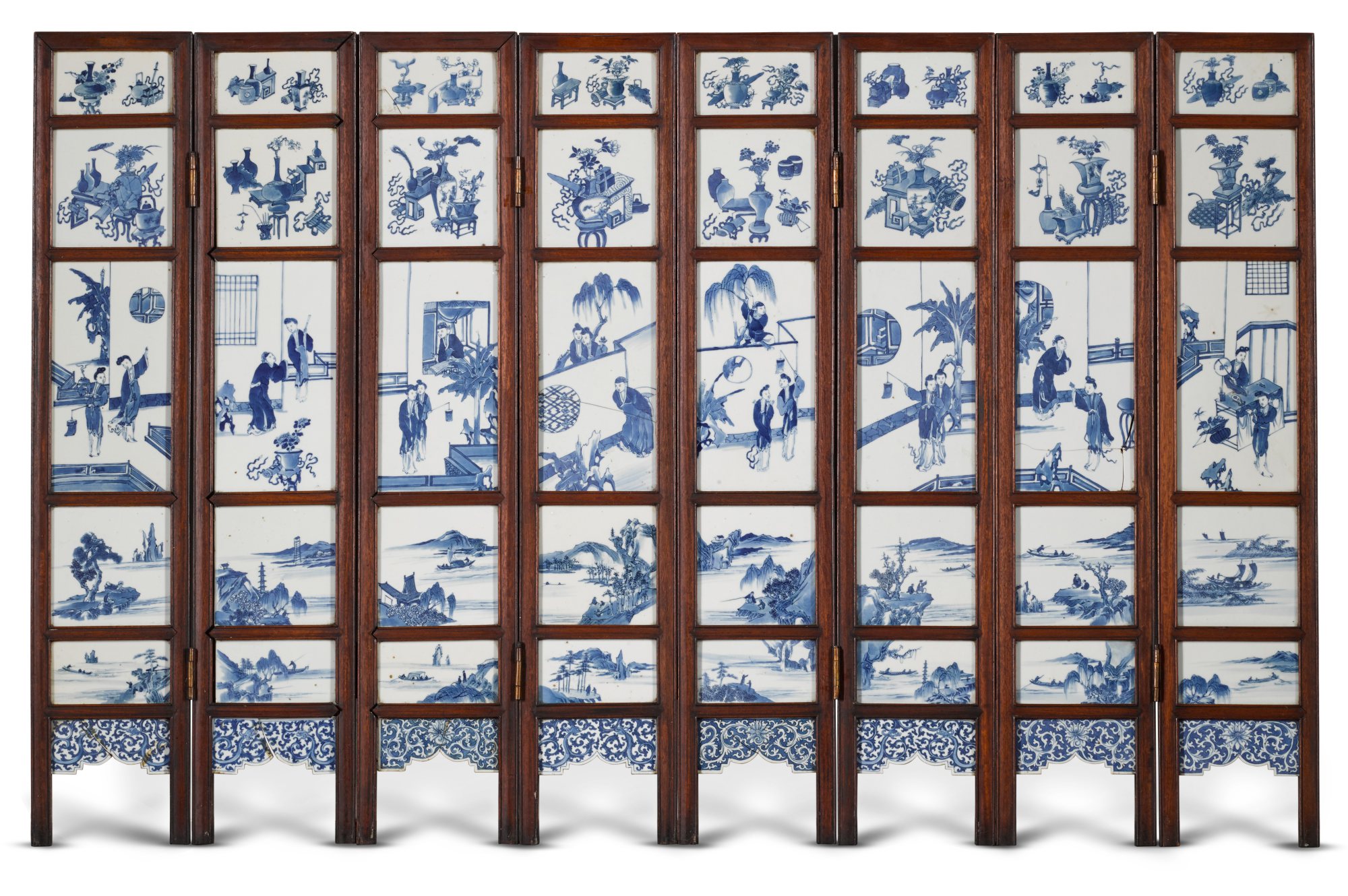 Unknown — A small eight-fold 'hongmu' screen inset with forty blue and white porcelain plaques,  The porcelain 18th century, the wood 20th century
