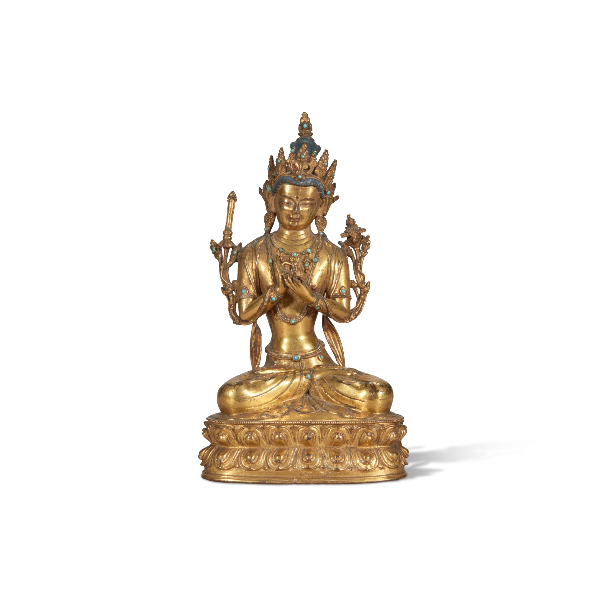 A gilt-bronze figure of Manjusri, — A gilt-bronze figure of Manjusri, Tibet, 17th century 