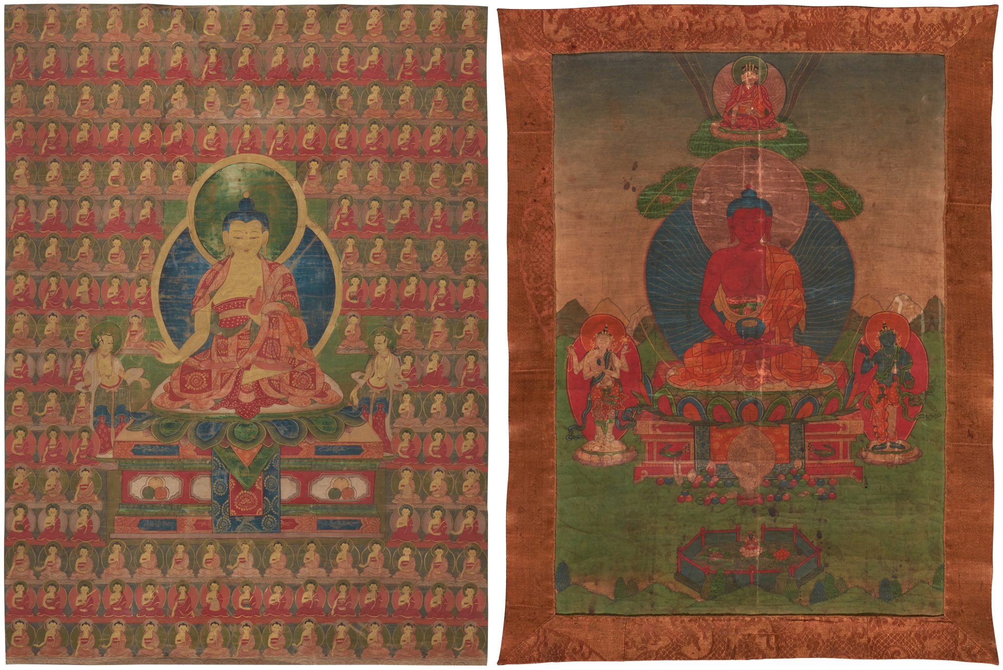 Two thangkas depicting Buddha Shakyamuni and Buddha Amitabha — Two thangkas depicting Buddha Shakyamuni and Buddha Amitabha, Tibet, 18th century 