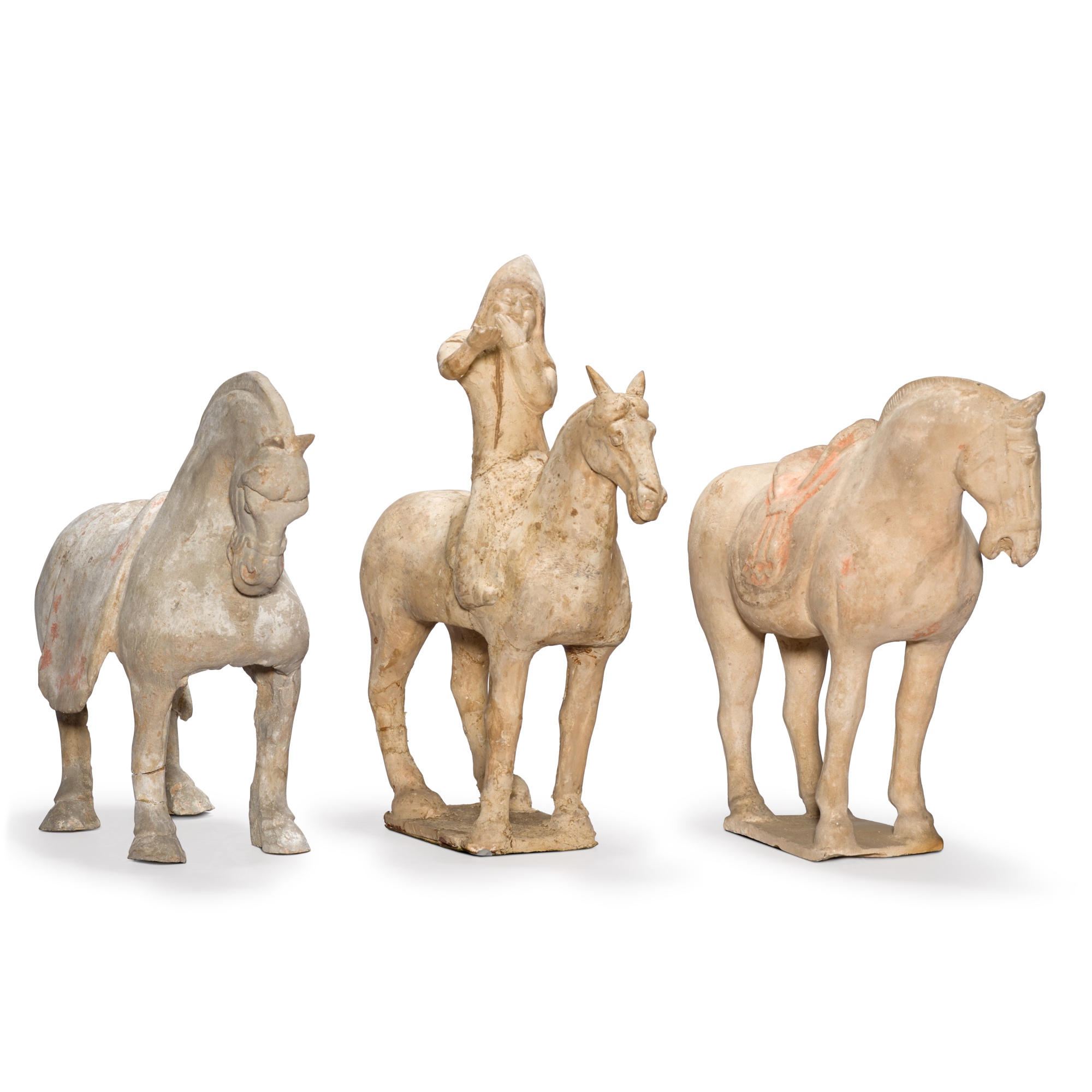 A set of three pottery figures, — A set of three pottery figures, Tang dynasty 