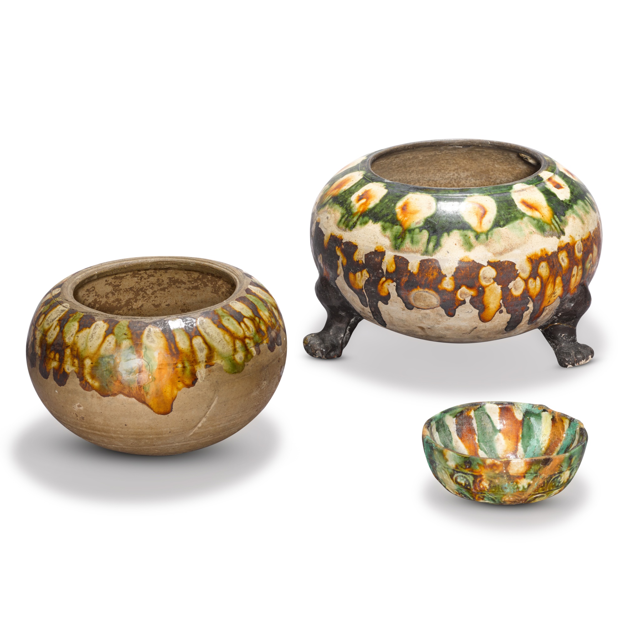 A group of three sancai-glazed wares, — A group of three sancai-glazed wares, Tang dynasty 
