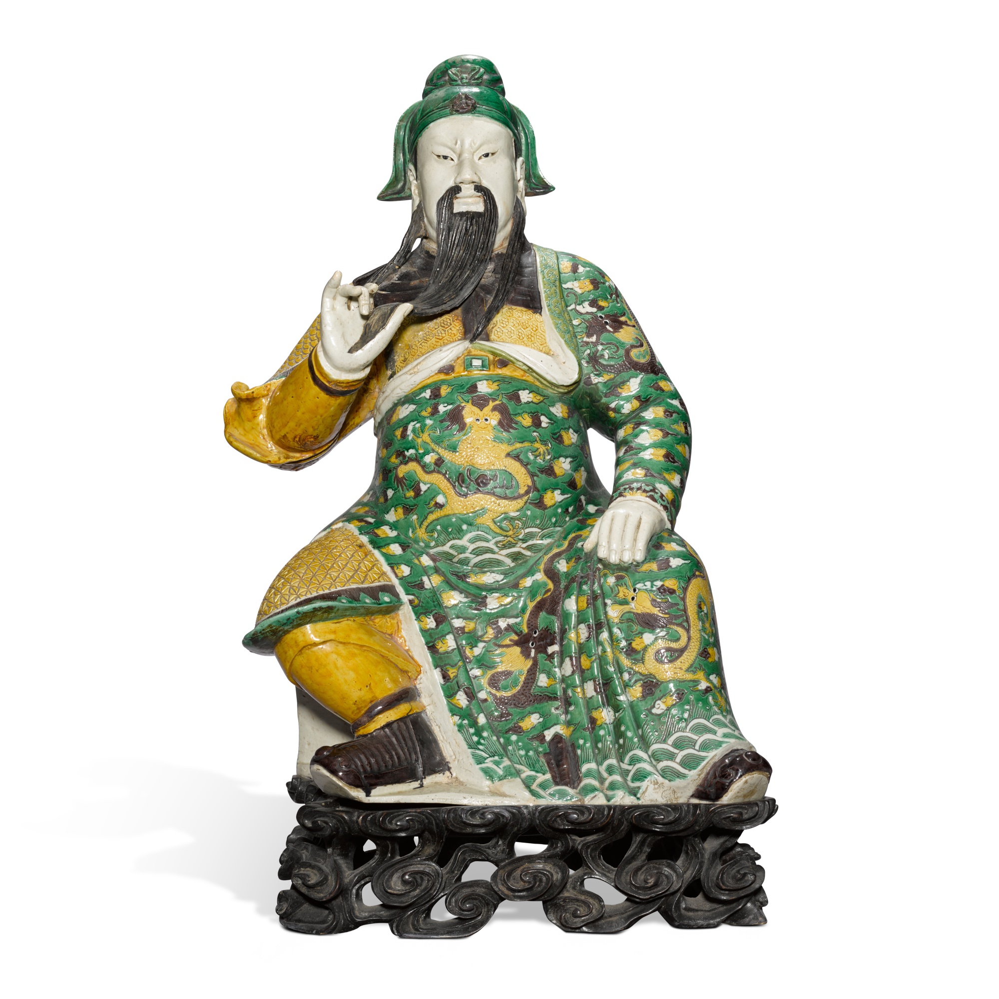 A large famille-verte figure of Guandi, — A large famille-verte figure of Guandi, Qing dynasty, 18th / 19th century 