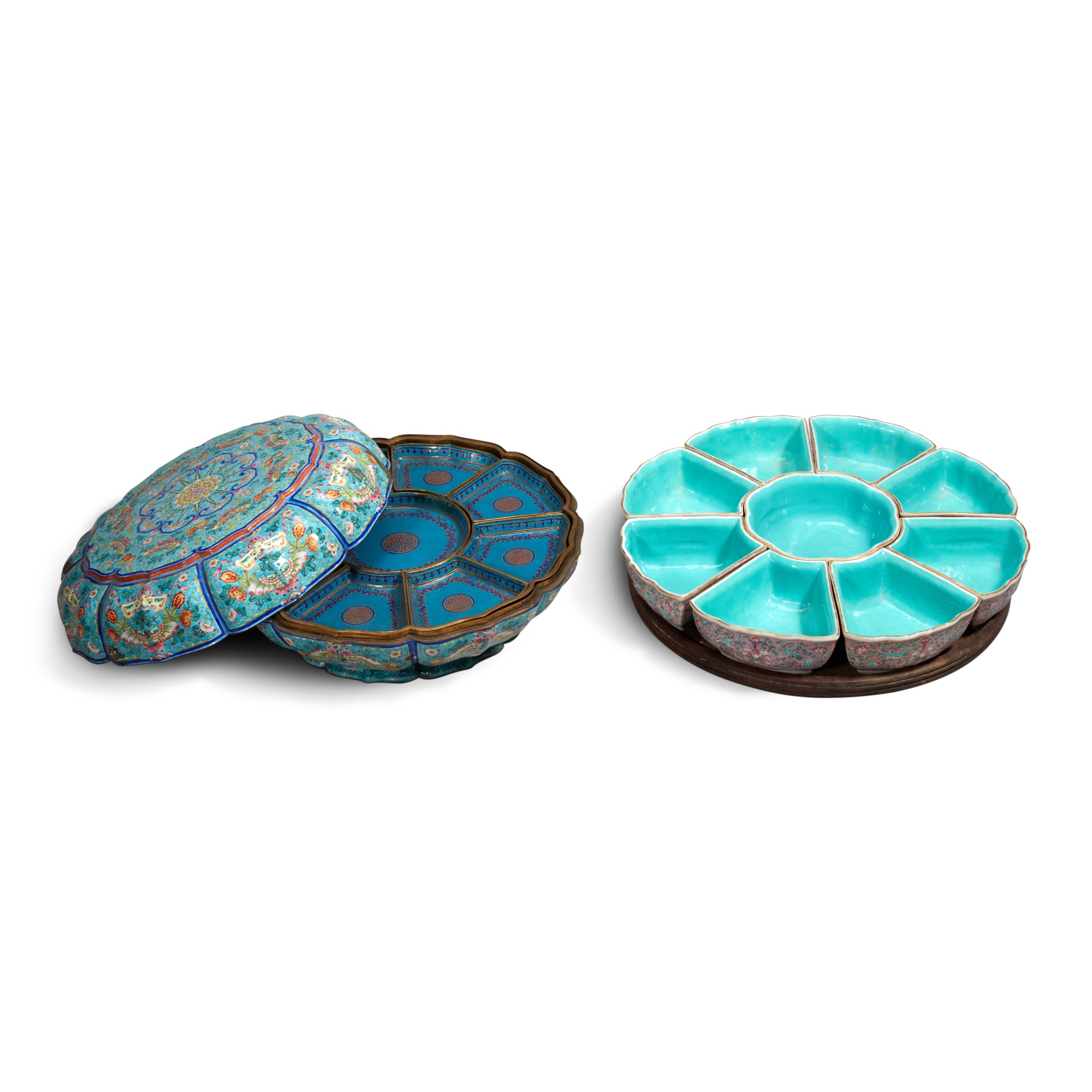 A Canton enamel sweetmeat set, — A Canton enamel sweetmeat set, Qing dynasty, Qianlong period 