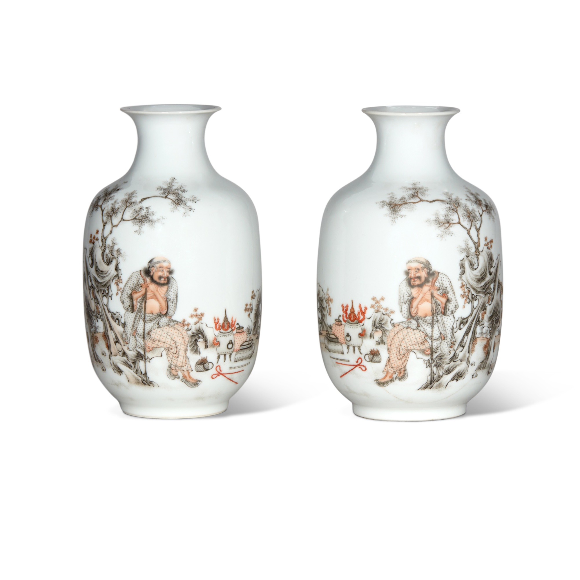 Unknown — A pair of grisaille and iron-red-enamelled vases, 20th century 