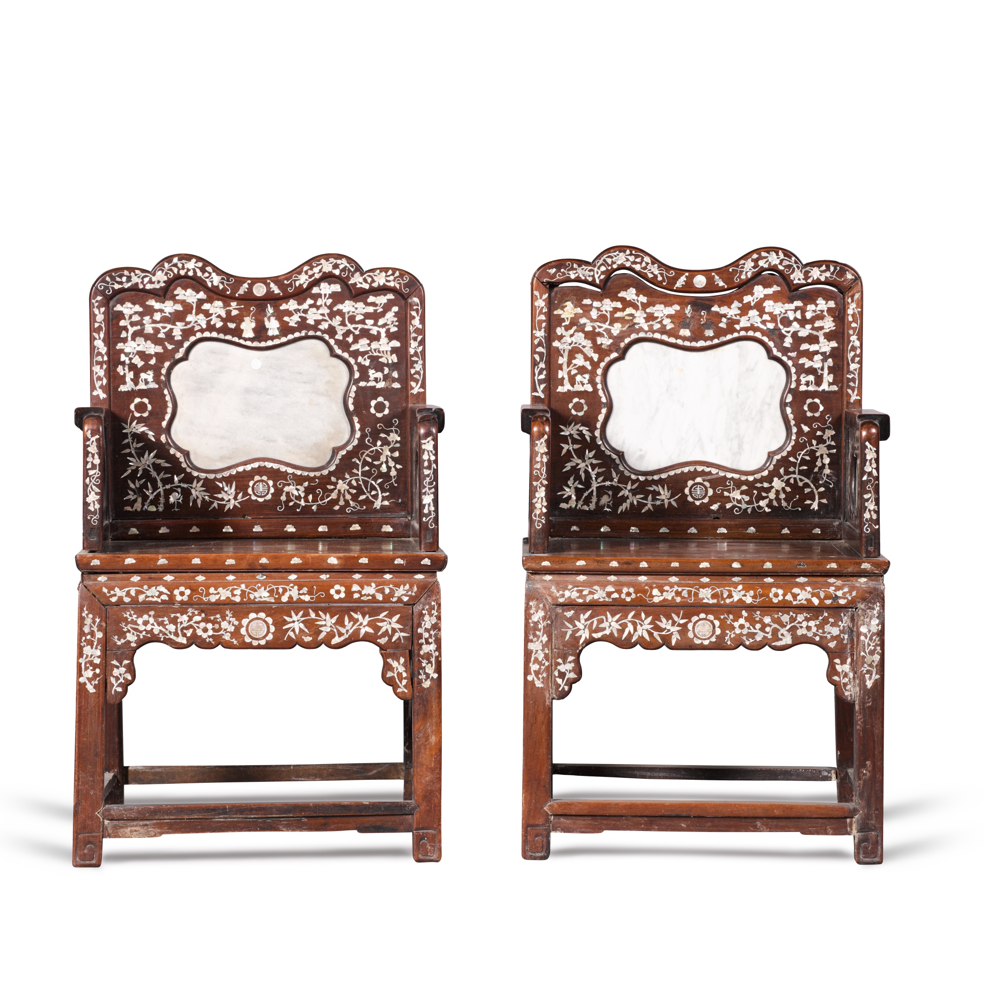 Unknown — A pair of 'hongmu' mother-of-pearl inlaid and marble-inset chairs, 19th / 20th century 