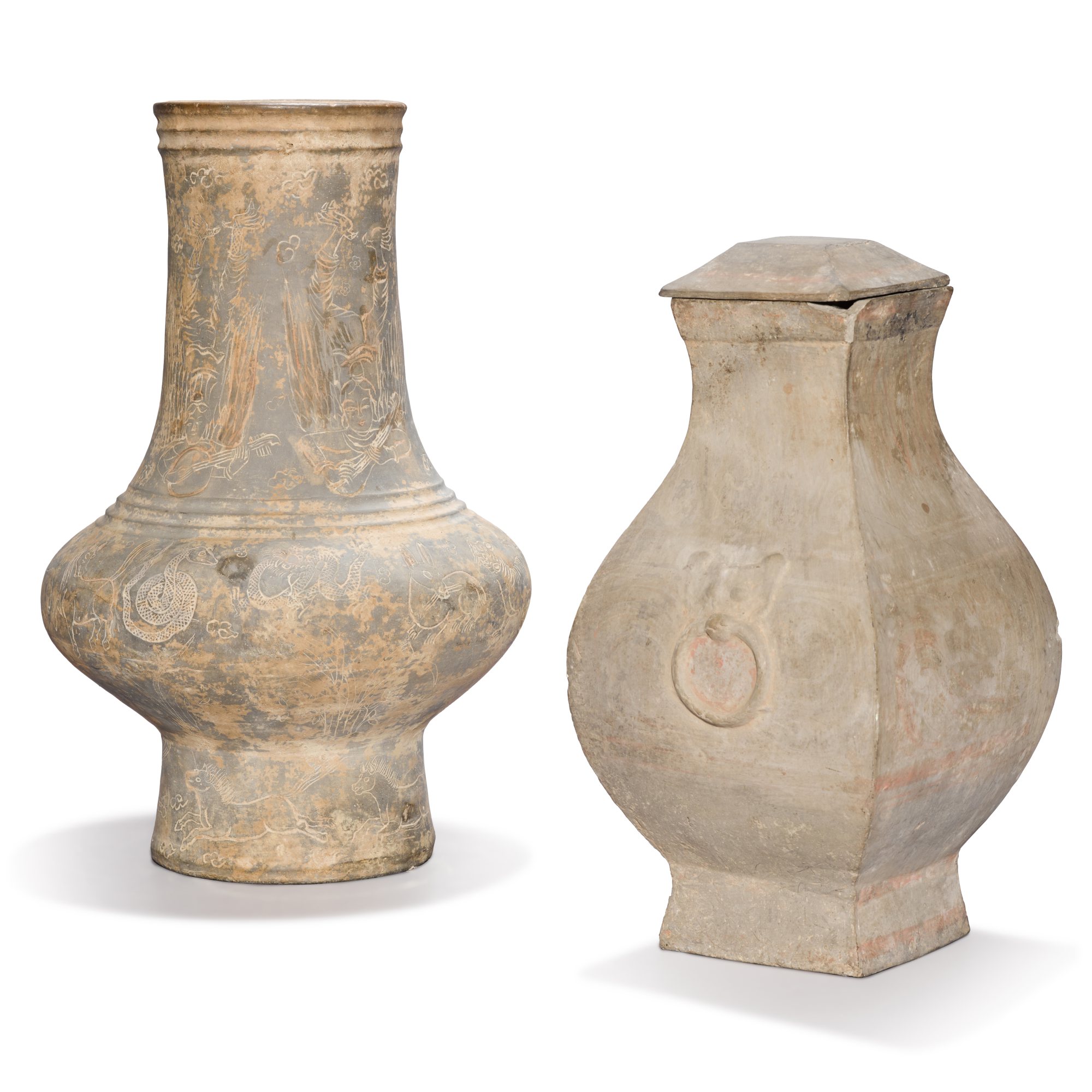 A grey pottery square vase and cover, — A grey pottery square vase and cover, Han dynasty 