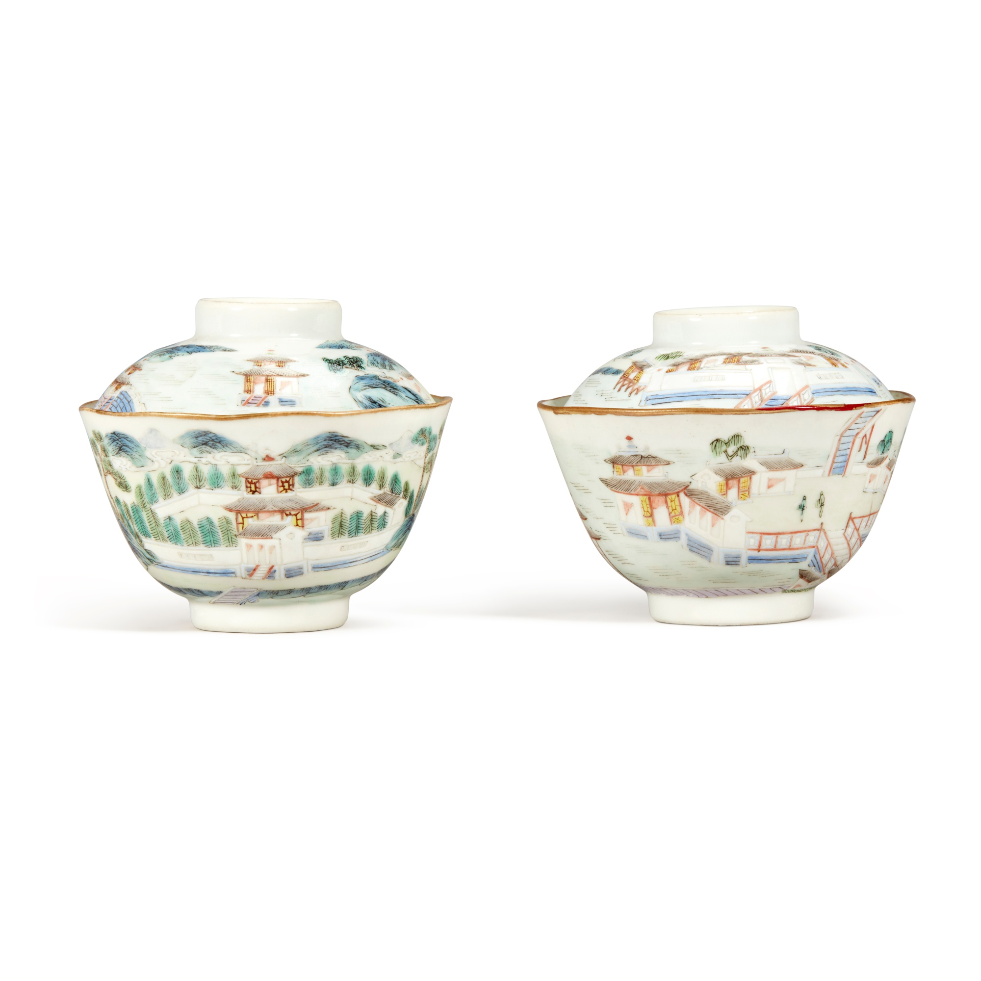 Two famille-rose 'landscape' bowls and covers,