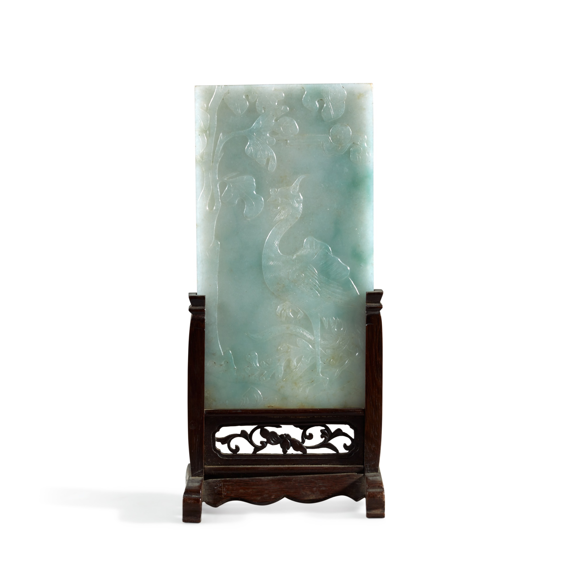 A carved jadeite rectangular table screen, — A carved jadeite rectangular table screen, Qing dynasty, 19th century 