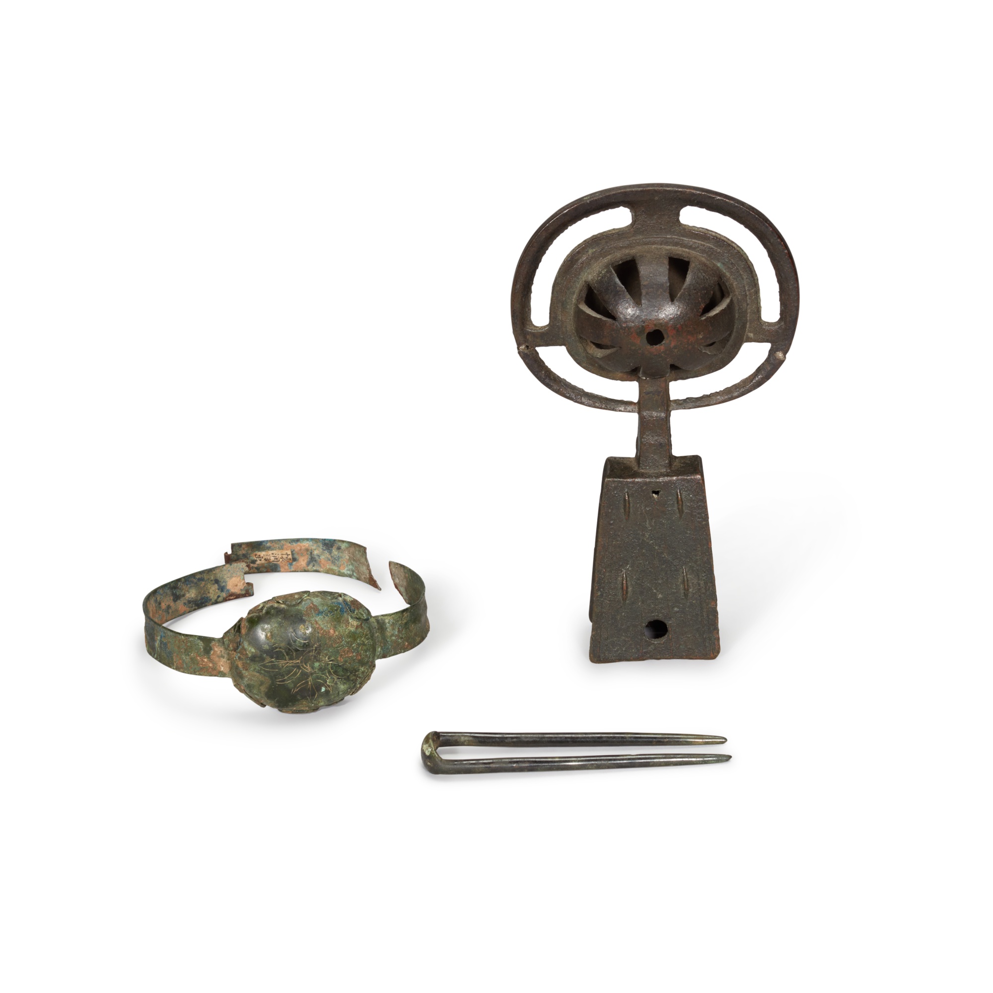 An archaic bronze chariot bell, — 周至唐 銅飾一組三件