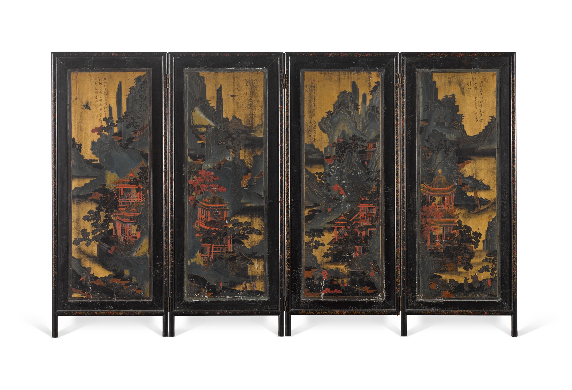 Unknown (Historical) — 清康熙 黑漆描金山水樓閣圖四扇屏風