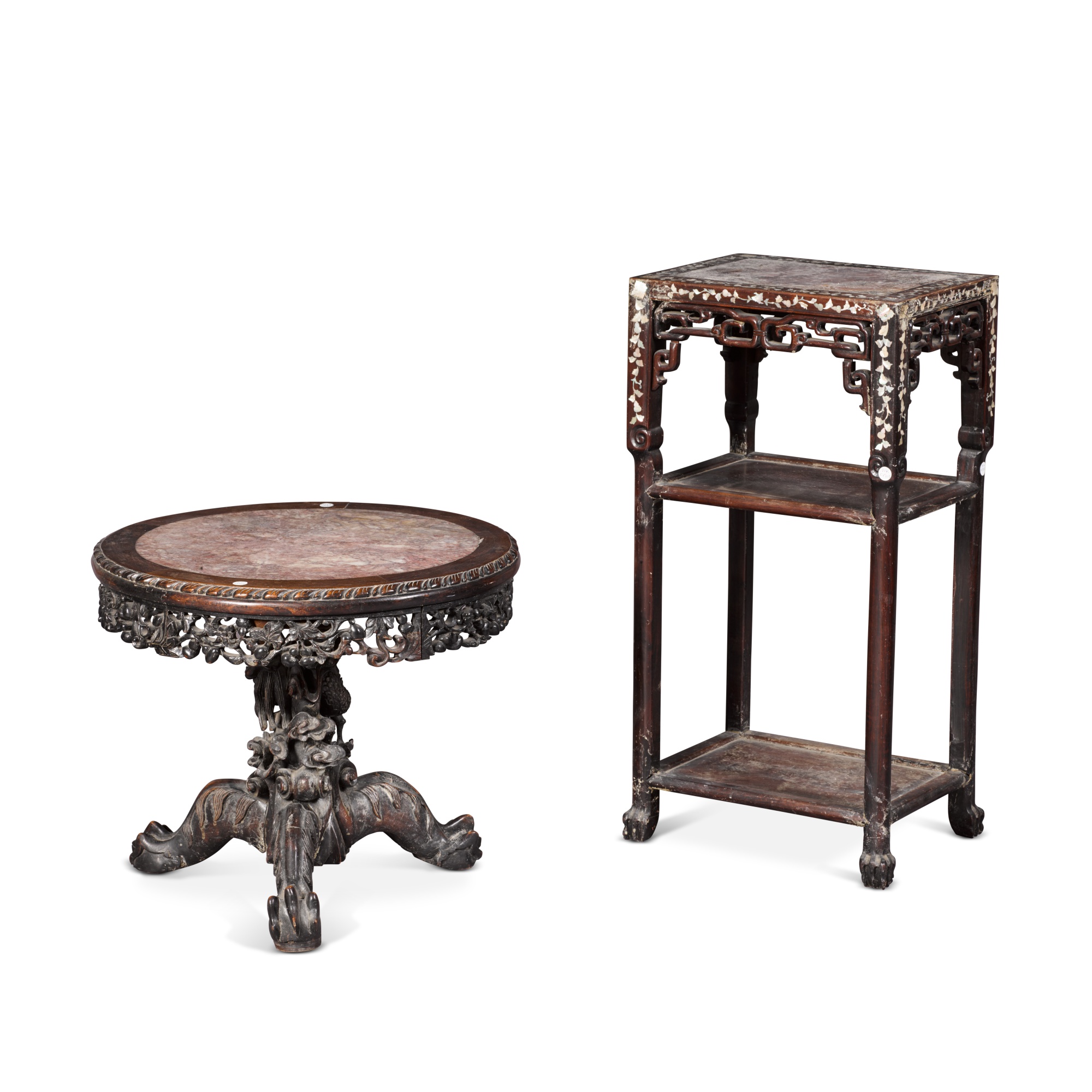 A 'hongmu' marble-inset circular table, — 二十世紀 紅木嵌大理石圓桌 及 紅木嵌大理石螺鈿桌
