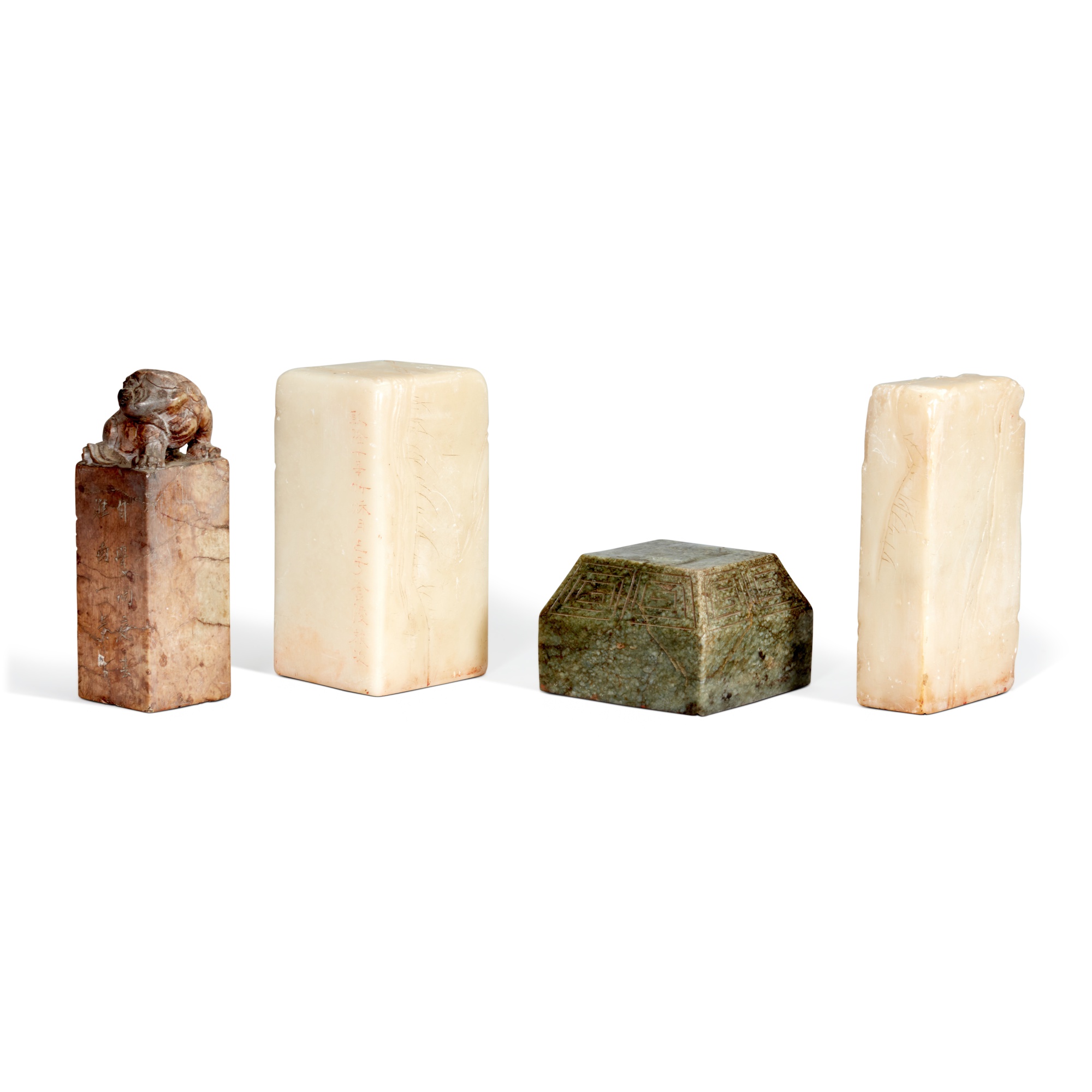 A group of four carved soapstone seals, — 十九 / 二十世紀 壽山石雕印 一組四件
