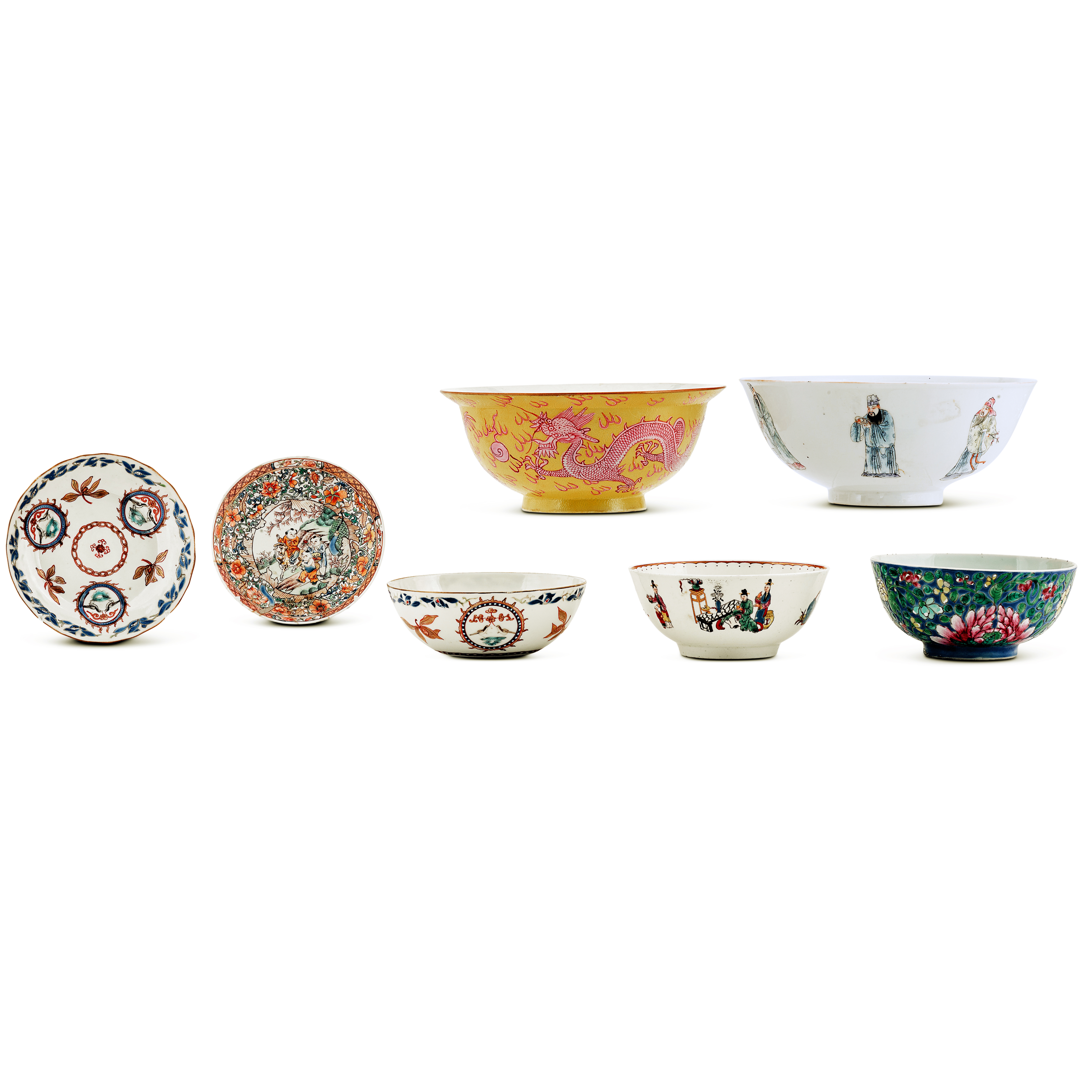 A yellow-ground and puce-enamelled 'dragon' bowl, — 十九 / 二十世紀 各式瓷器 一組六件