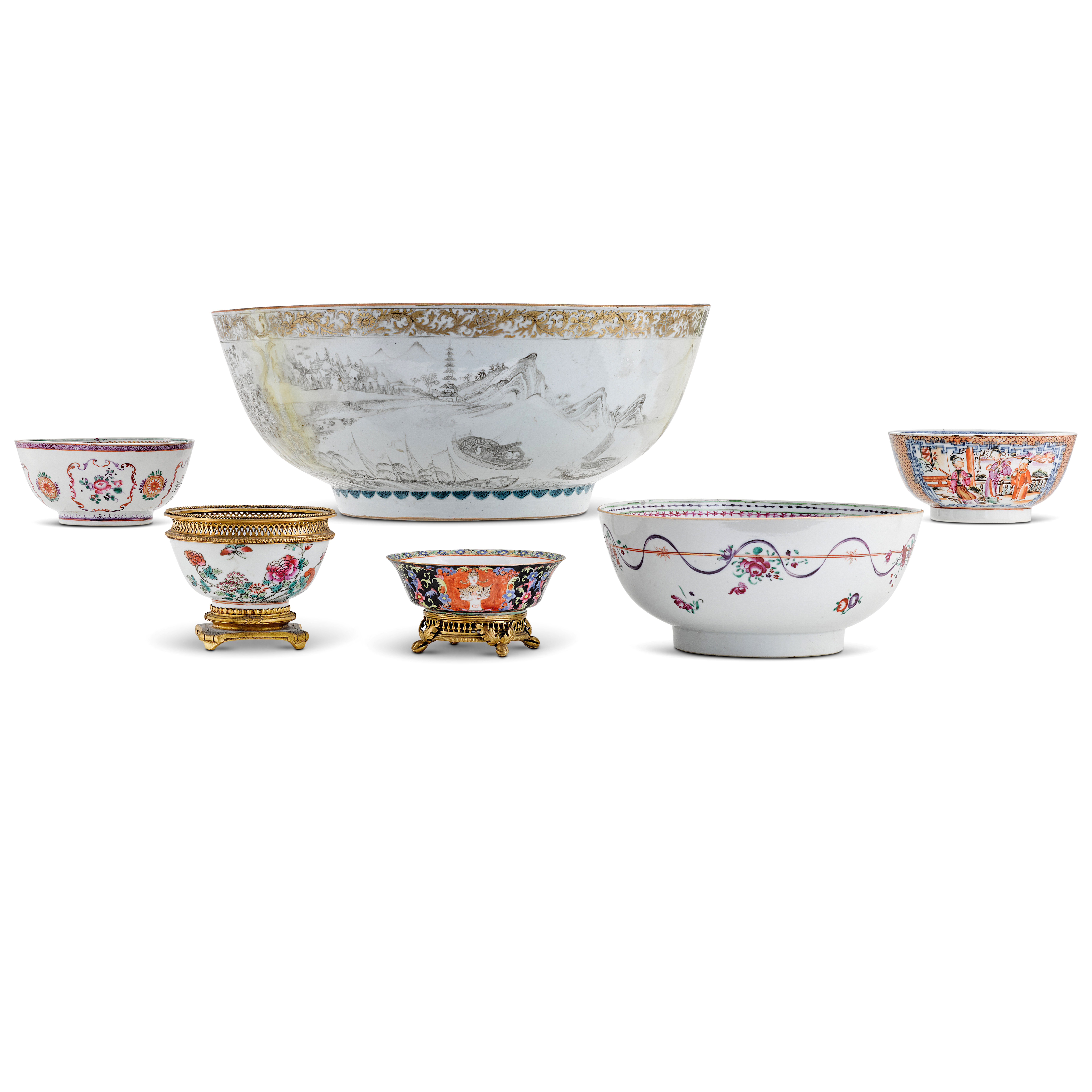 A large grisaille-decorated punch bowl, — 清十八世紀至二十世紀 各式粉彩盌 一組六件