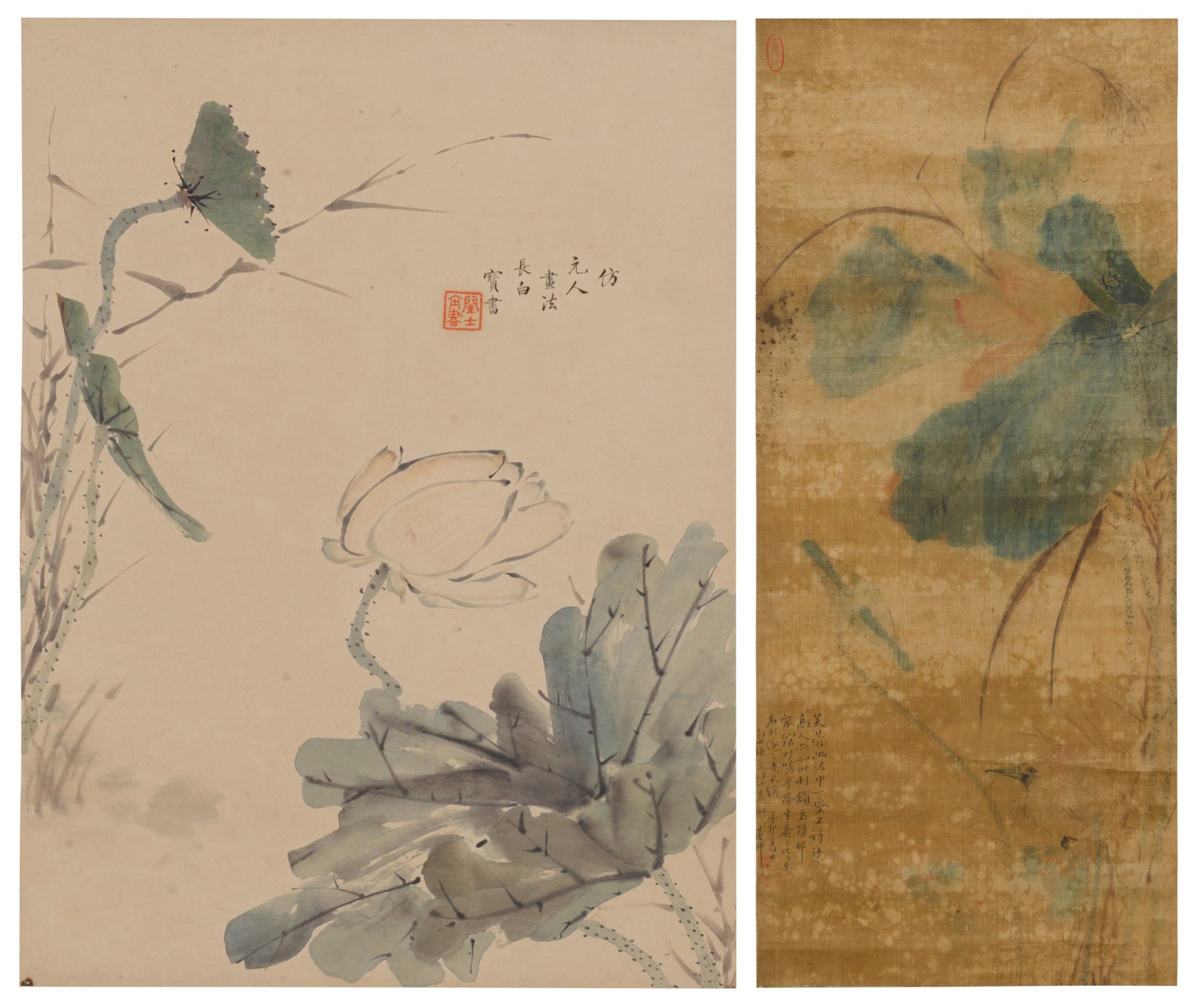 Two paintings of lotus, — 閏士寶（傳）《白蓮》設色紙本 立軸 及 惲壽平（款）《蓮》設色絹本 立軸 一組兩幅