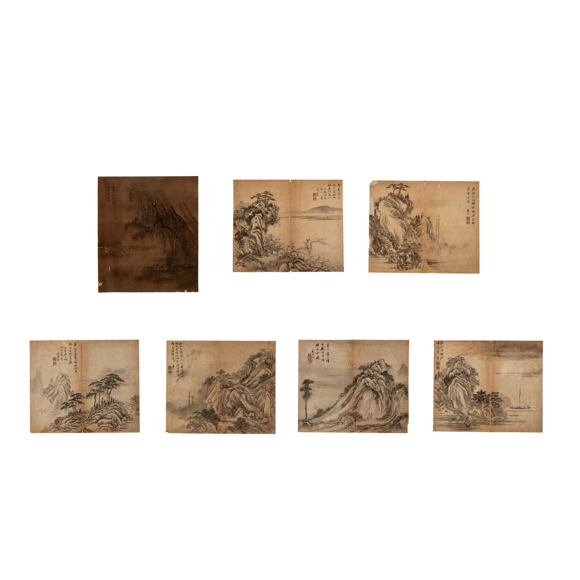 Anonymous, Sailing to the Red Cliff, and Attributed to Dong Bangda, Landscape, — 佚名《赤壁》設色絹本 及 董邦達（款）《山水》水墨紙本 七開冊