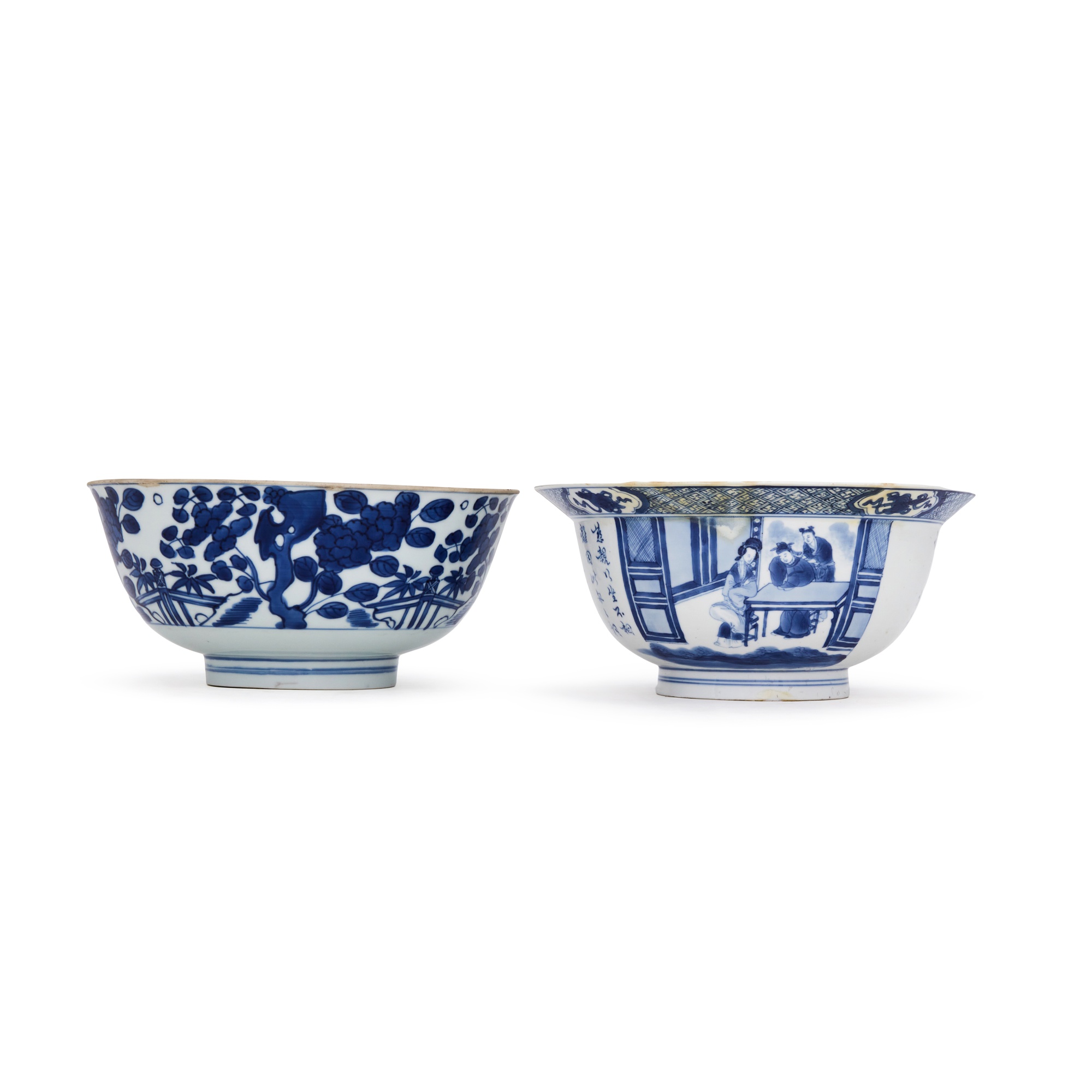 Two blue and white bowls, — 清康熙 青花西廂記圖盌《大明成化年製》仿款 及 青花庭院圖盌《大明成化年製》仿款 一組兩件