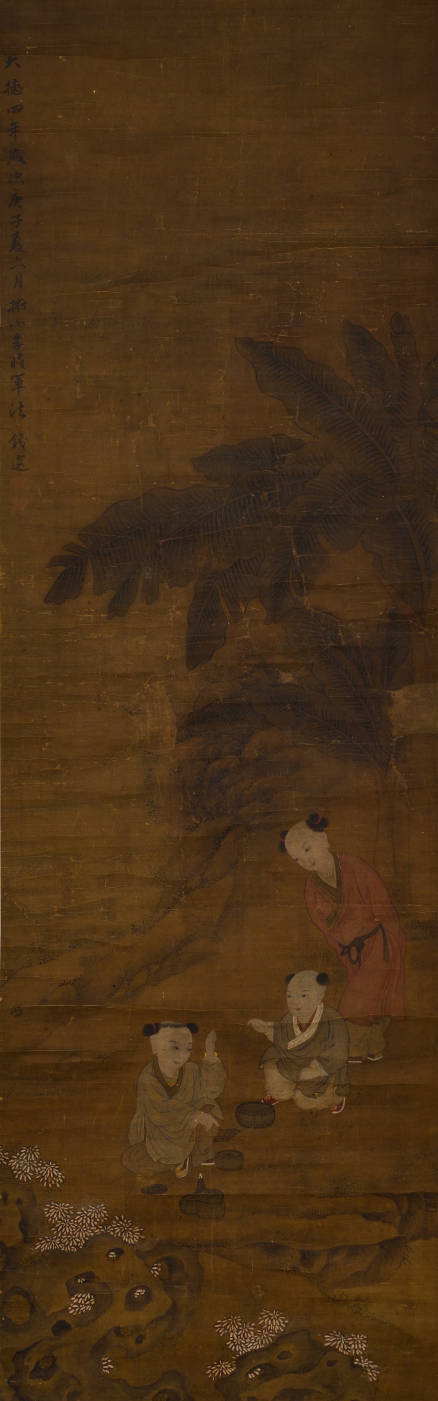 Attributed to Qian Xuan, Boys at play, — 錢選（款）《庭院嬰戲圖》設色絹本 立軸