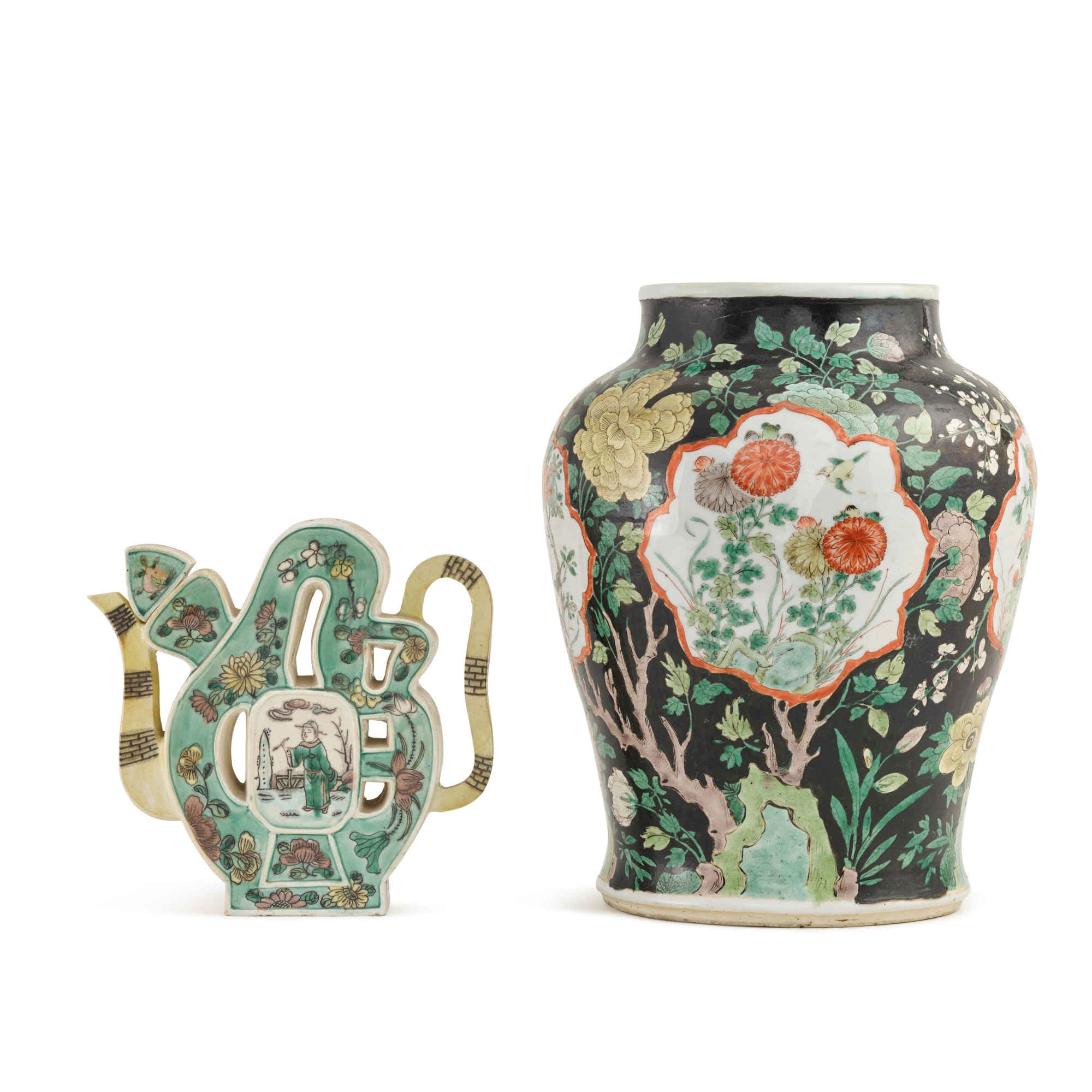 A famille-noire 'floral' jar, — 清十九世紀 墨地粉彩開光花卉紋罐 及 素三彩開光人物圖福字形執壺
