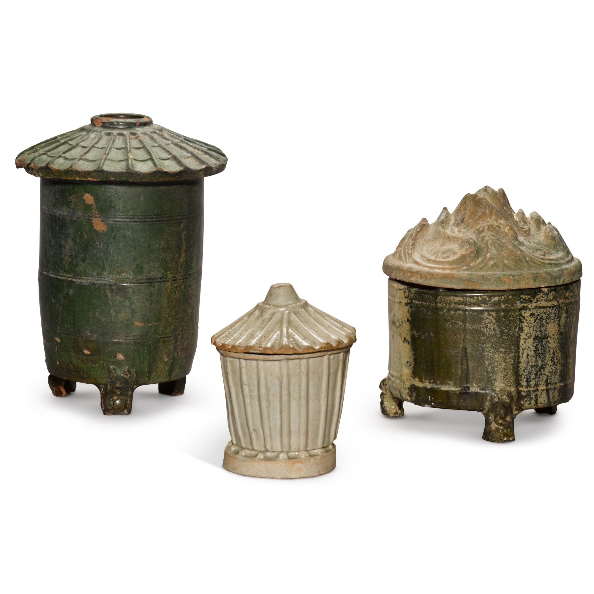 Two pottery vessels and covers, — 漢 陶博山爐、糧倉 及 南宋 / 元 青白釉糧倉 一組三件