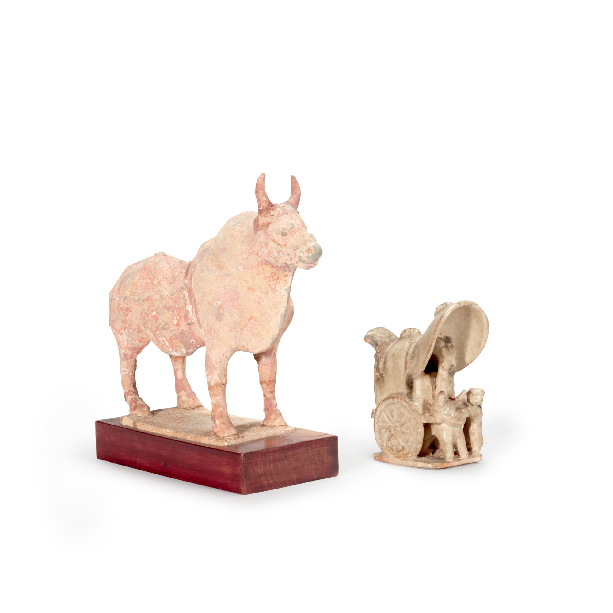 A painted pottery figure of an ox, — 北魏 陶牛 及 唐 陶牛車 一組兩件