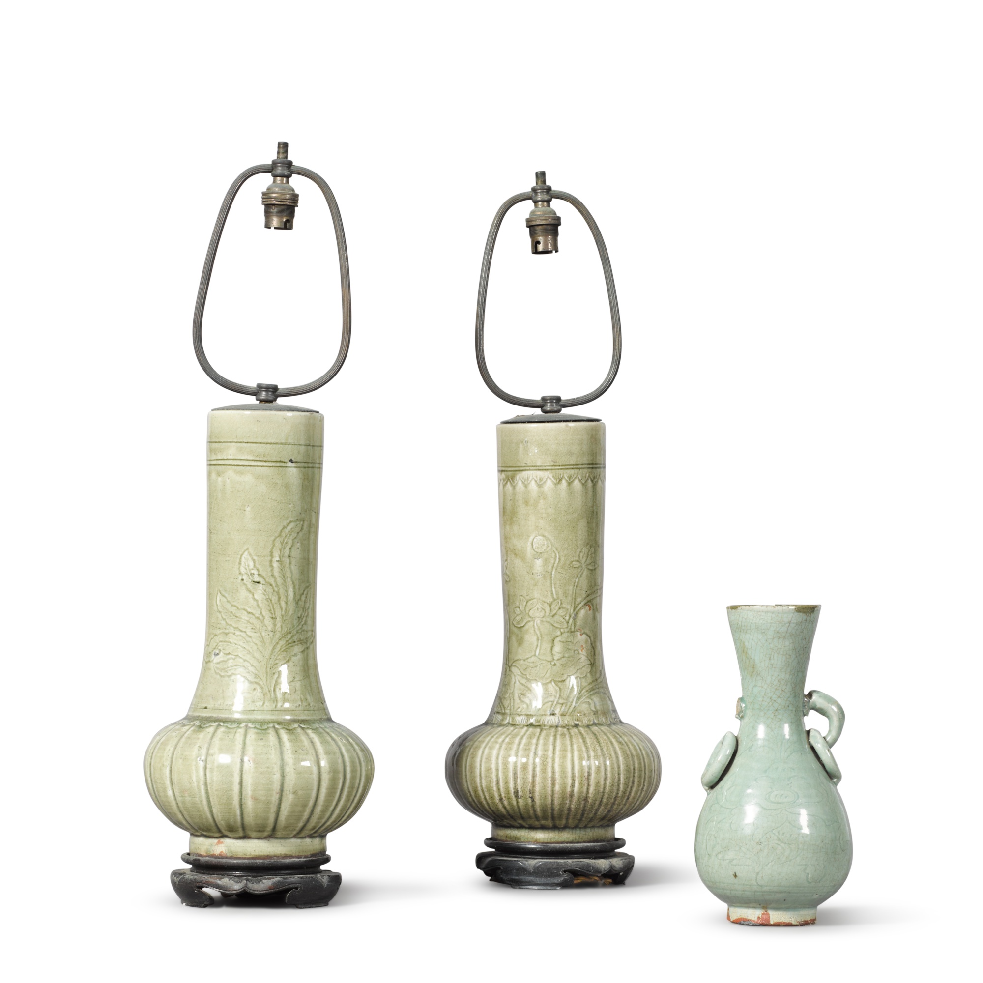 A group of three celadon-glazed vases, — 五代至元 青釉瓶 一組三件