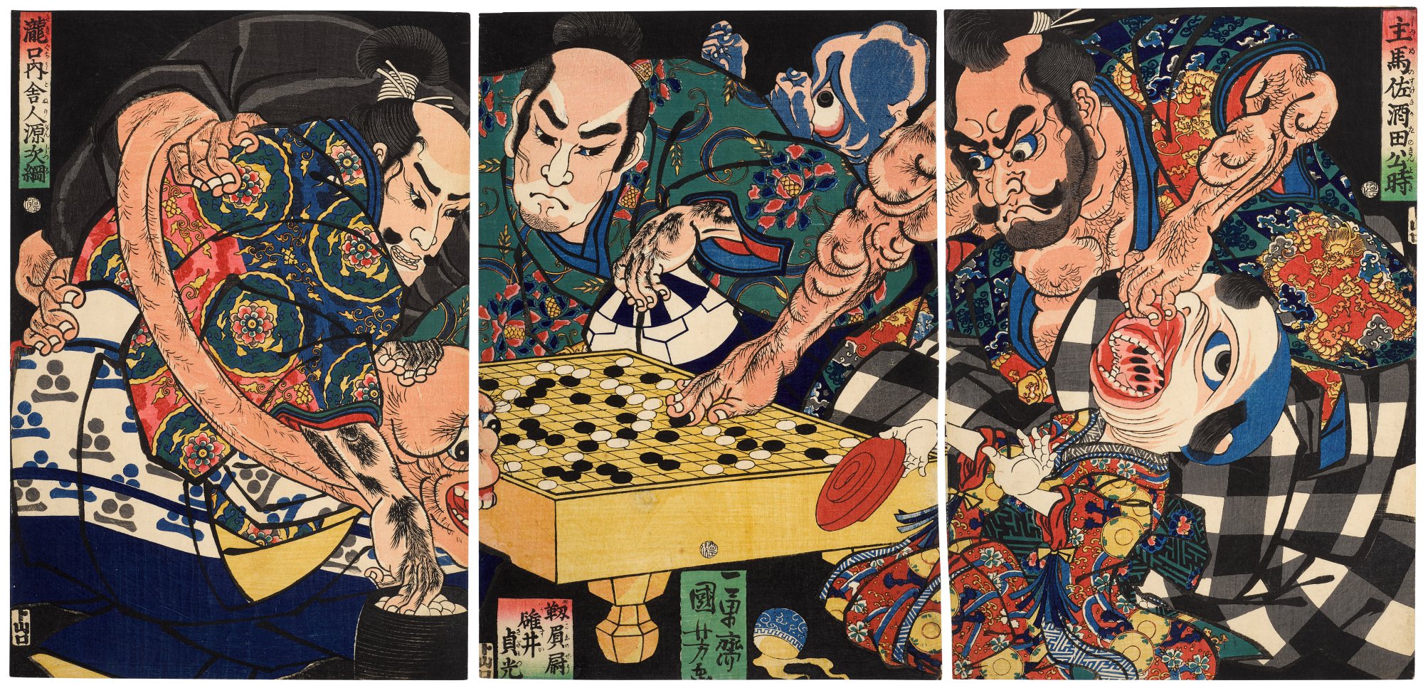 Sakata no Kintoki, Usui Sadamitsu and Genji Tsuna subdue monsters while playing go (Shumenosuke Sakata no Kintoki, Takiguchi no toneri Genji Tsuna, Dakoe no jo Usui Sadamitsu) | Edo period, 19th century