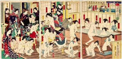 A Prosperous Bath House in the Licensed Quarters (Zensei sato sugata yu) | Meiji period, late 19th century