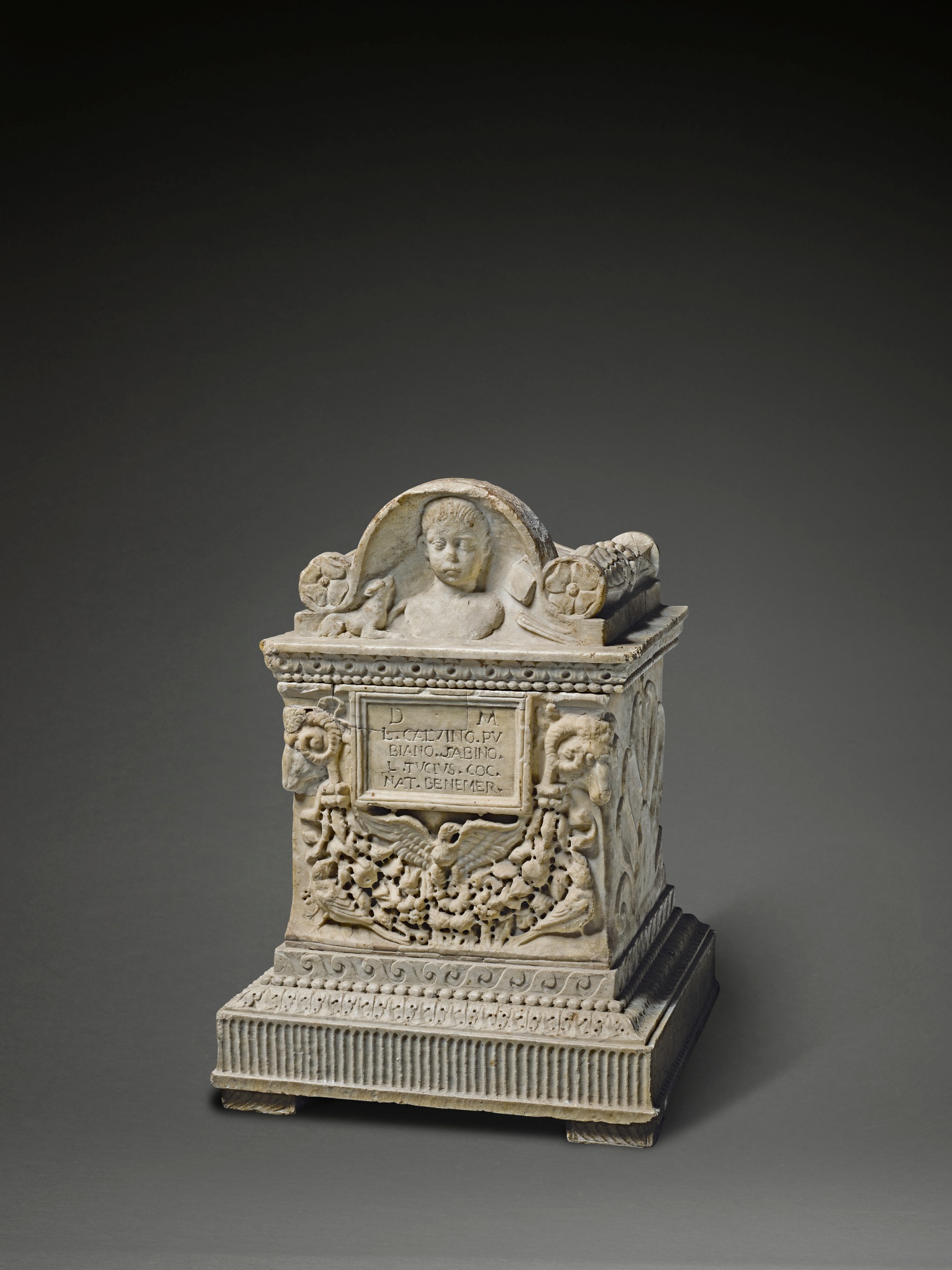 A Roman Marble Cinerary Urn inscribed for Lucius Calvinus Pubianus Sabinus — A Roman Marble Cinerary Urn inscribed for Lucius Calvinus Pubianus Sabinus, circa late 1st Century A.D., engraved and restored by Gianbattista Piranesi (1720-1778)