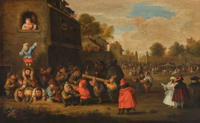 A townscape with an orchestra of dwarfs playing music with masked onlookers