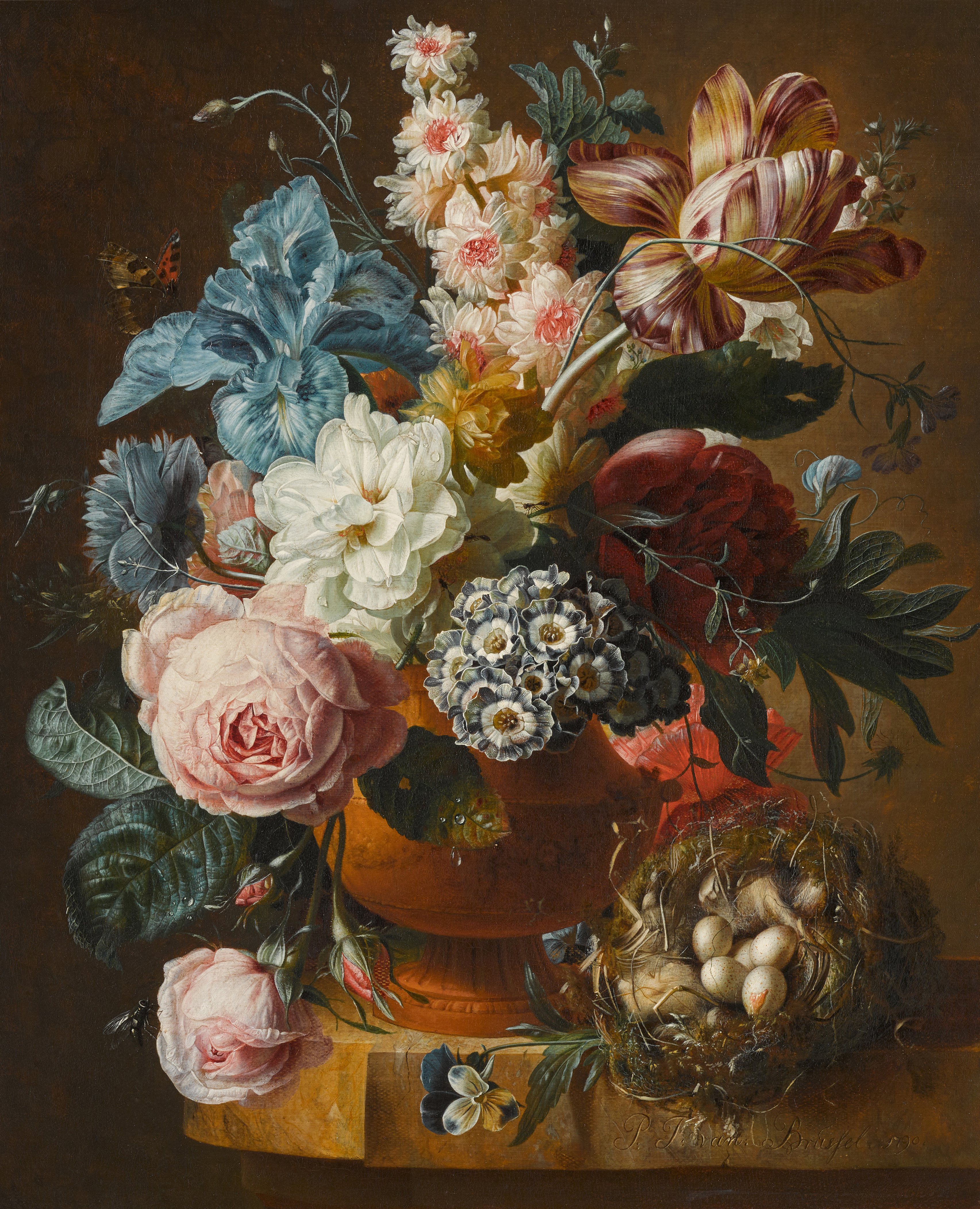 Unknown — Still life with roses, tulips, and an iris in a terracotta vase, with a bird's nest on a ledge
